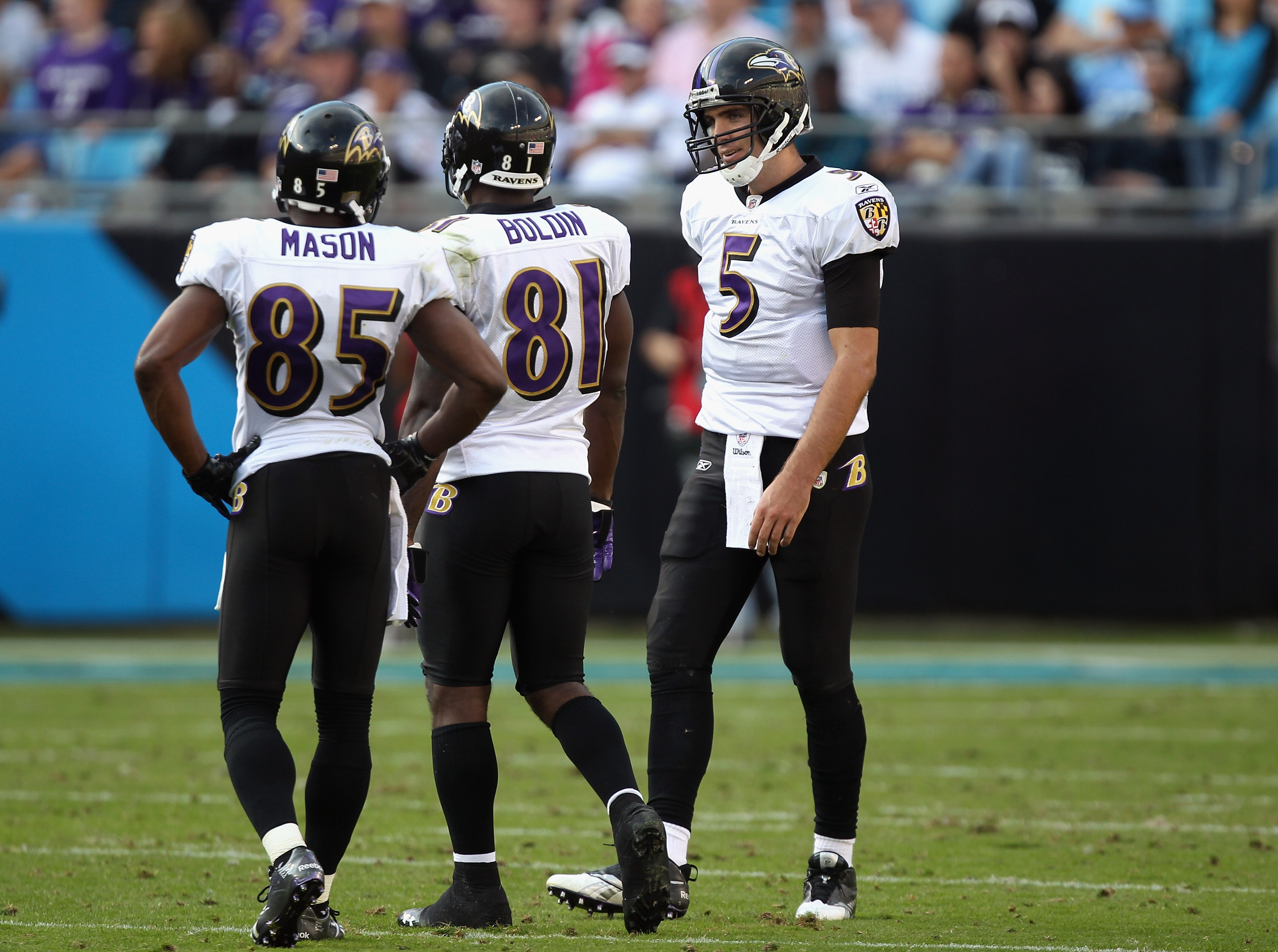 CHARLOTTE, NC - NOVEMBER 21:  Joe Flacco #5 of the Baltimore Ravens talks to his wide receivers Derrick Mason #85 and Anquan Boldin #81 during a timeout against the Carolina Panthers at Bank of America Stadium on November 21, 2010 in Charlotte, North Caro