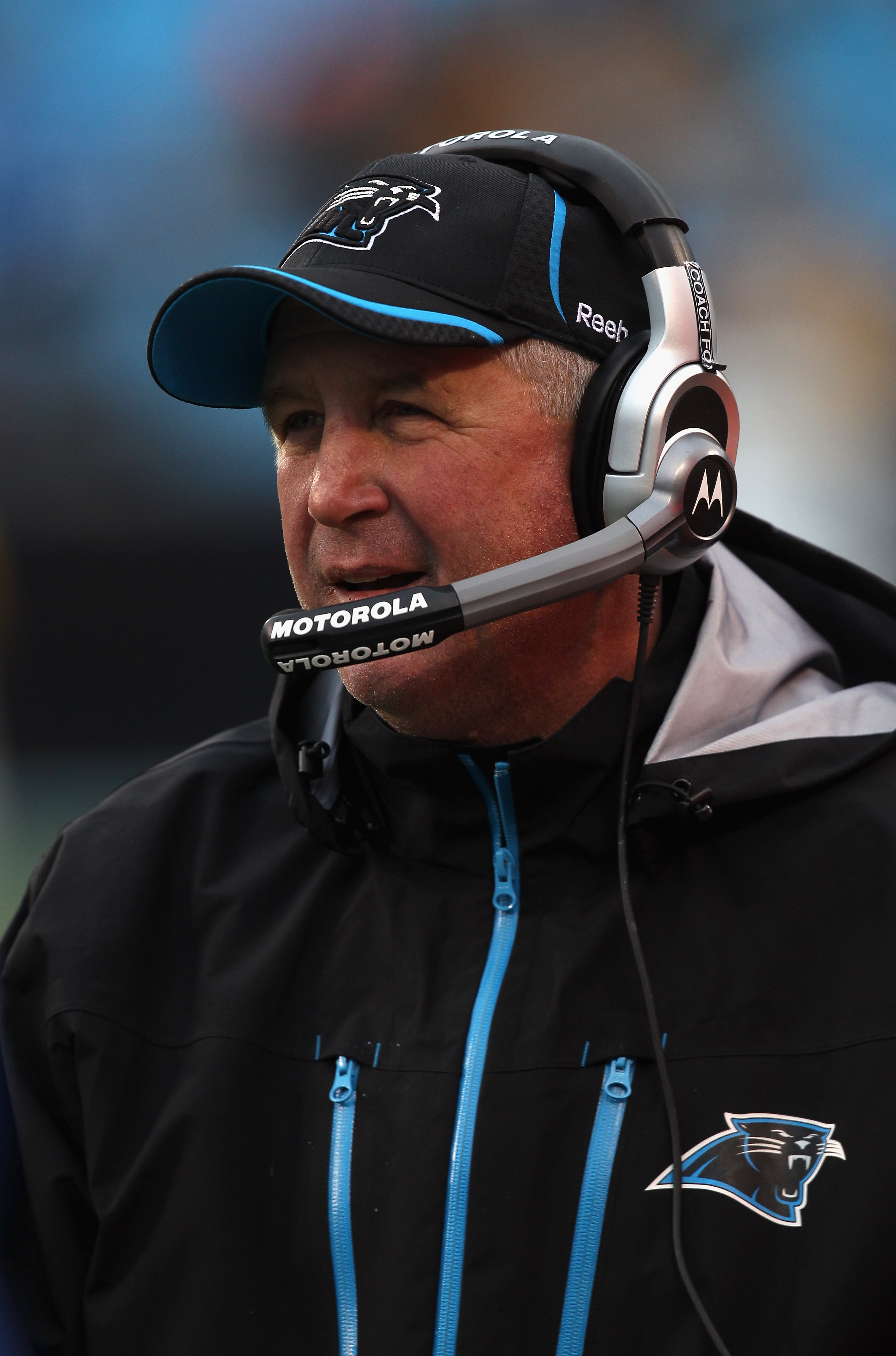 Carolina Panther head coach John Fox watches replay in Jacksonville