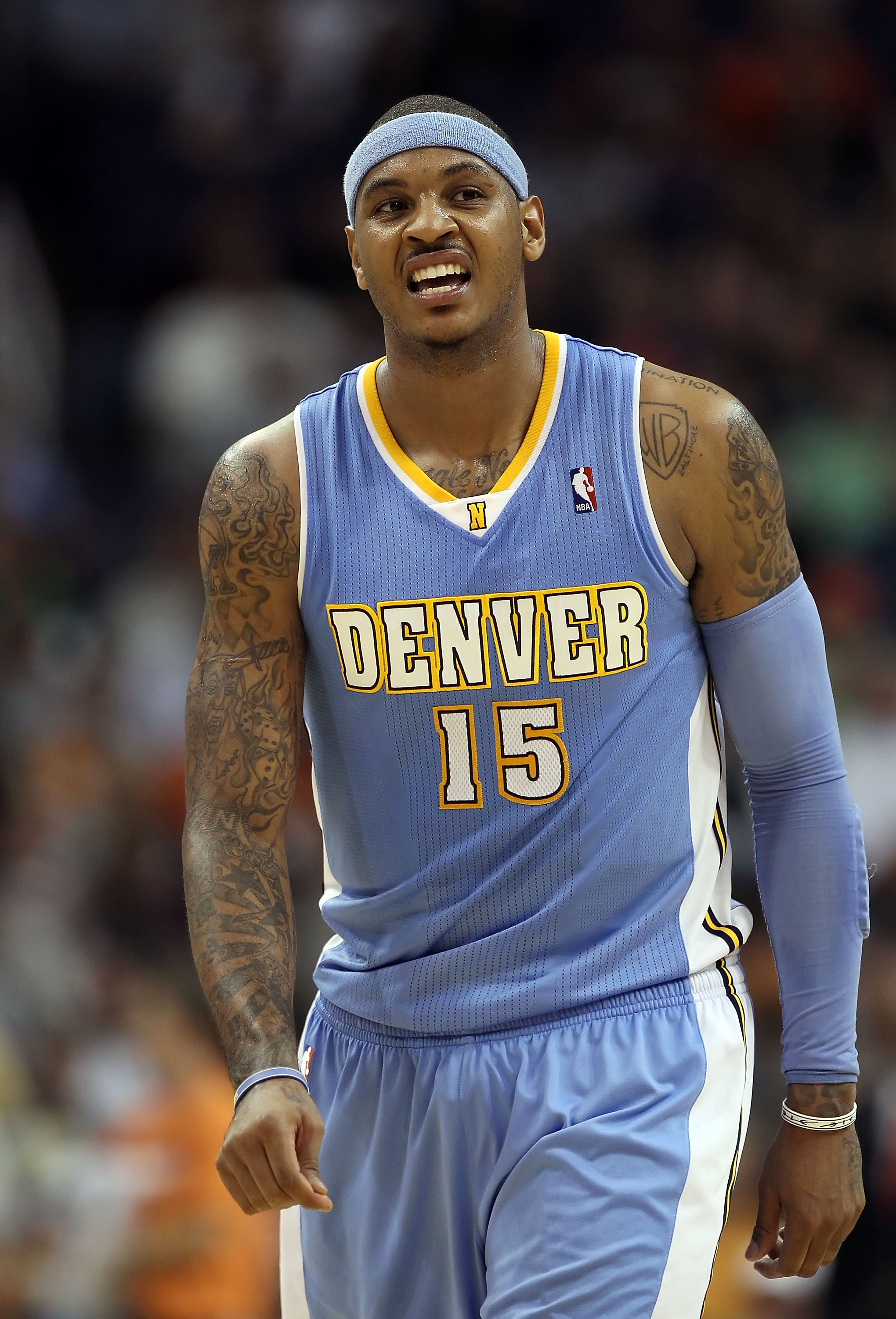 PHOENIX - NOVEMBER 15:  Carmelo Anthony #15 of the Denver Nuggets during the NBA game against the Phoenix Suns at US Airways Center on November 15, 2010 in Phoenix, Arizona.  The Suns defeated the Nuggets 100-94.  NOTE TO USER: User expressly acknowledges