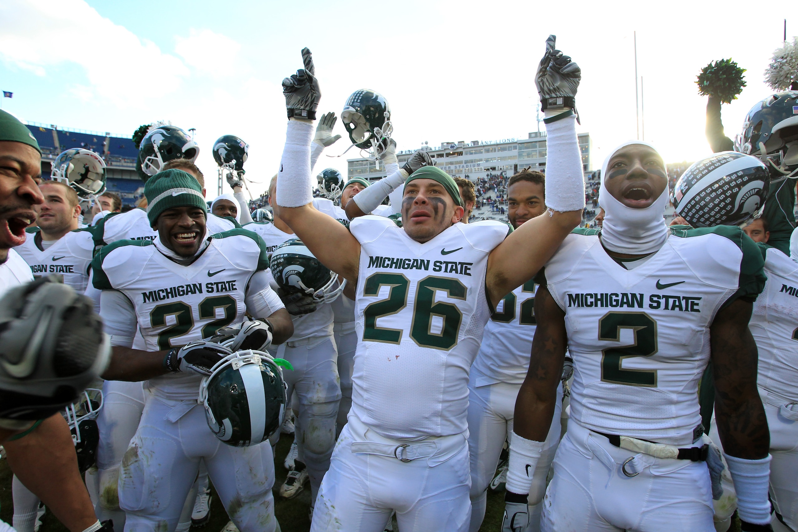 STATE COLLEGE, PA - NOVEMBER 27: Safety Jesse Johnson #26 of the Michigan State Spartans and his teammates celebrate their Big Ten championship after a game against the Penn State Nittany Lions on November 27, 2010 at Beaver Stadium in State College, Penn