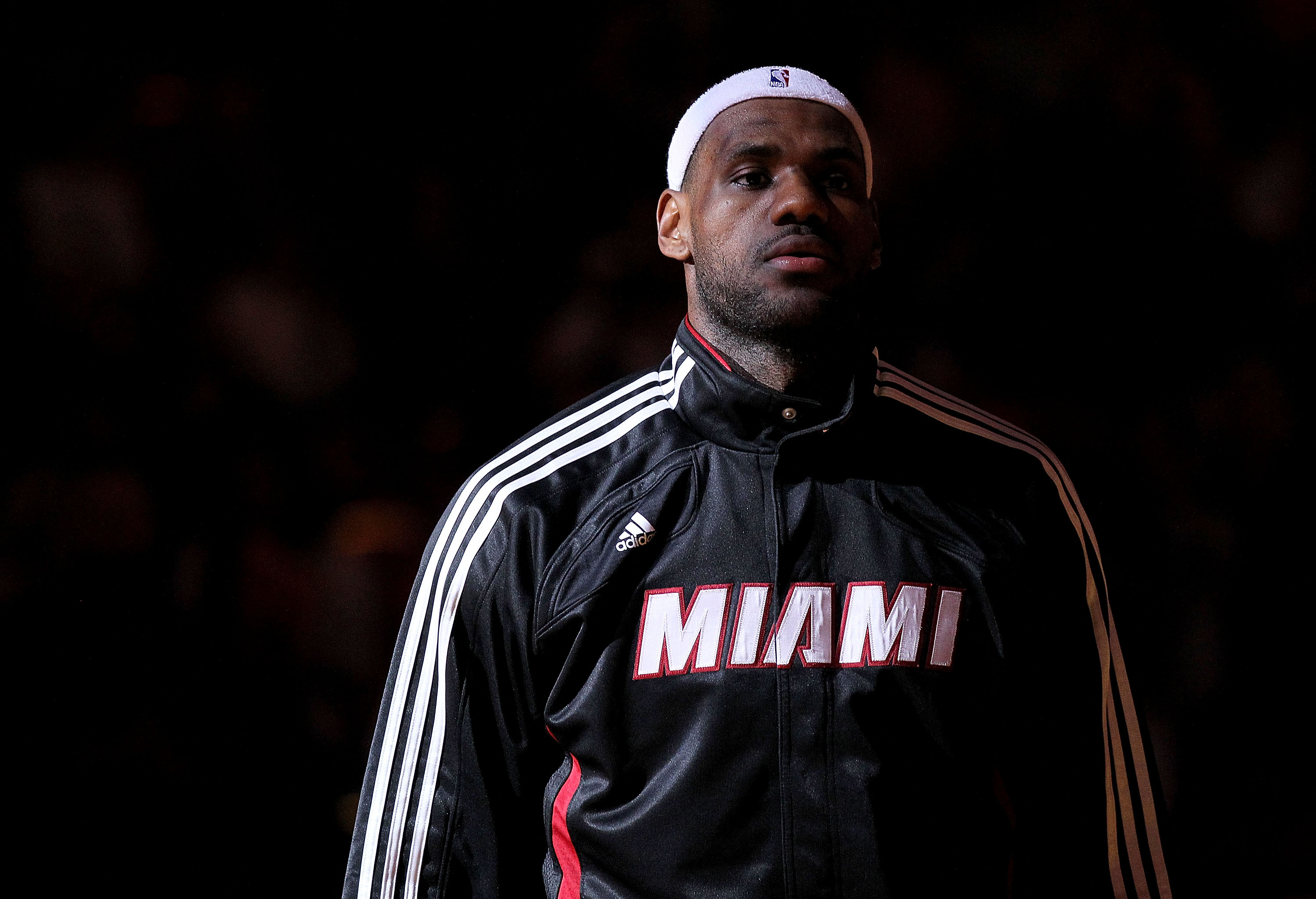 MIAMI, FL - DECEMBER 04:  LeBron James #6 of the Miami Heat looks on  during pregame against the Atlanta Hawks at American Airlines Arena on December 4, 2010 in Miami, Florida. NOTE TO USER: User expressly acknowledges and agrees that, by downloading and/