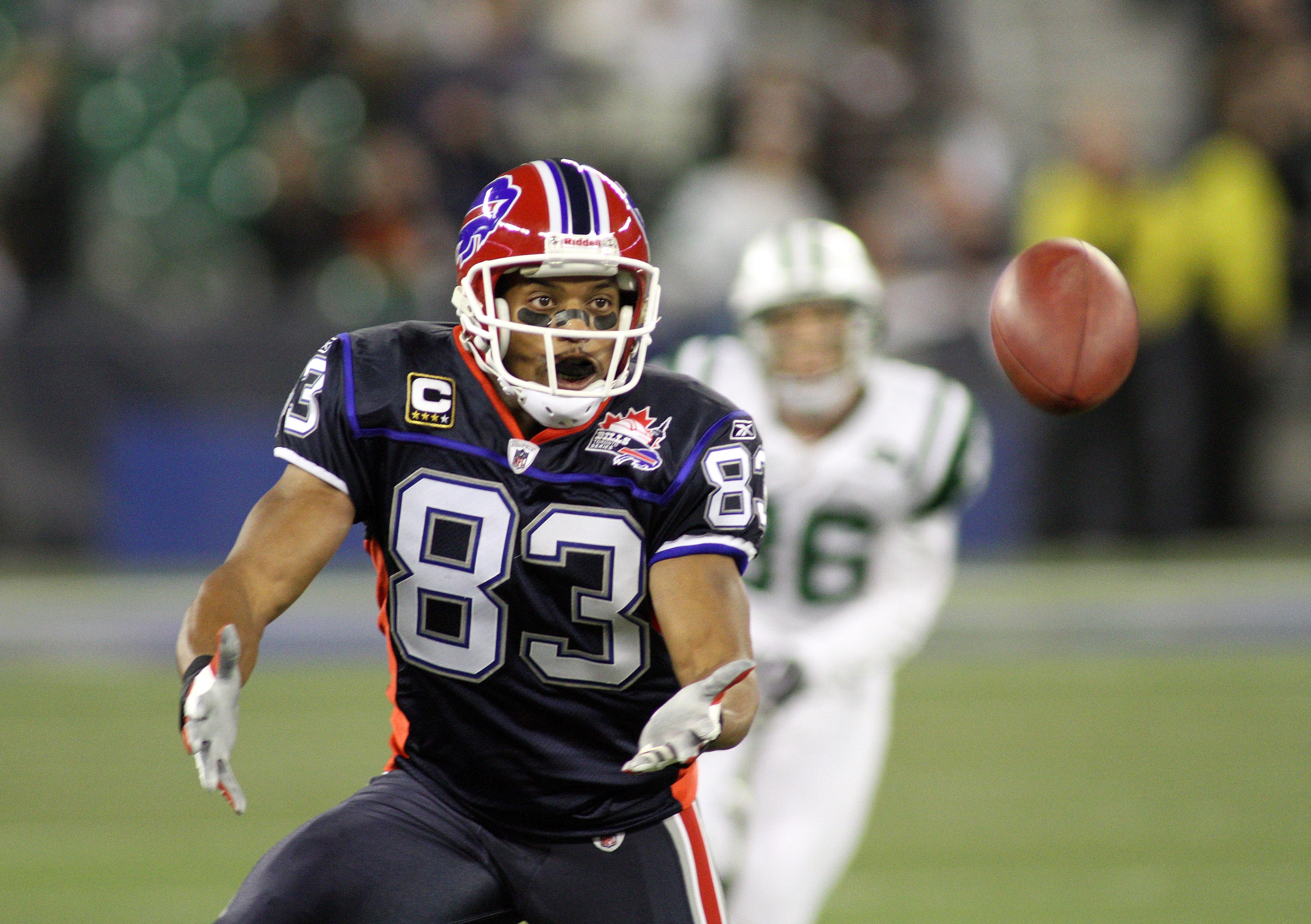 Buffalo Bills wide receiver Steve Johnson reacts after a play during an NFL  football game against the New England Patriots in Orchard Park, N.Y. on  Sunday, Dec. 26, 2010. New England won