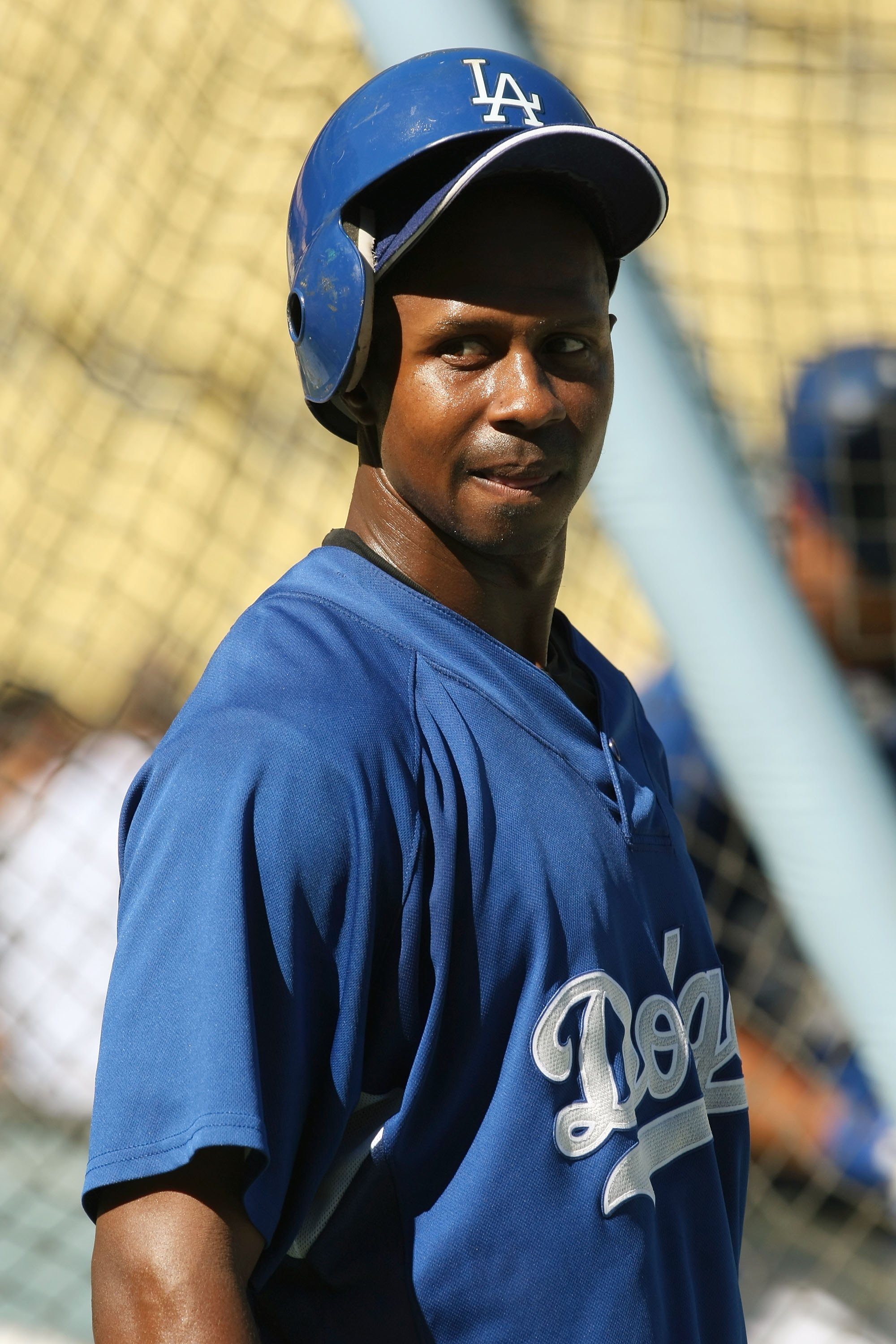 LOS ANGELES, CA - OCTOBER 16:  Juan Pierre #9  of the Los Angeles Dodgers looks on during warm ups prior to the start of Game Two of the NLCS against the Philadelphia Phillies during the 2009 MLB Playoffs at Dodger Stadium on October 16, 2009 in Los Angel