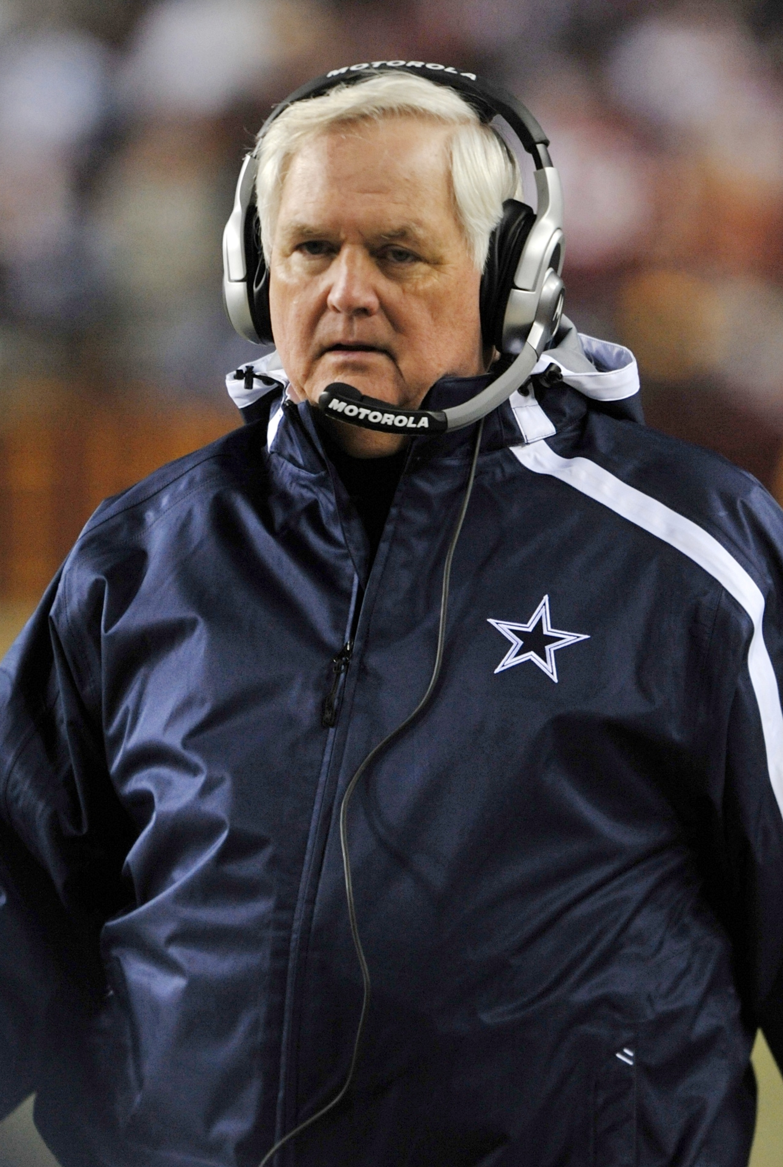 LANDOVER, MD - DECEMBER 21: Head coach Wade Phillips of the Dallas Cowboys walks on the sidelines during the game against the Washington Redskins at FedExField on December 27, 2009 in Landover, Maryland. (Photo by Larry French/Getty Images)