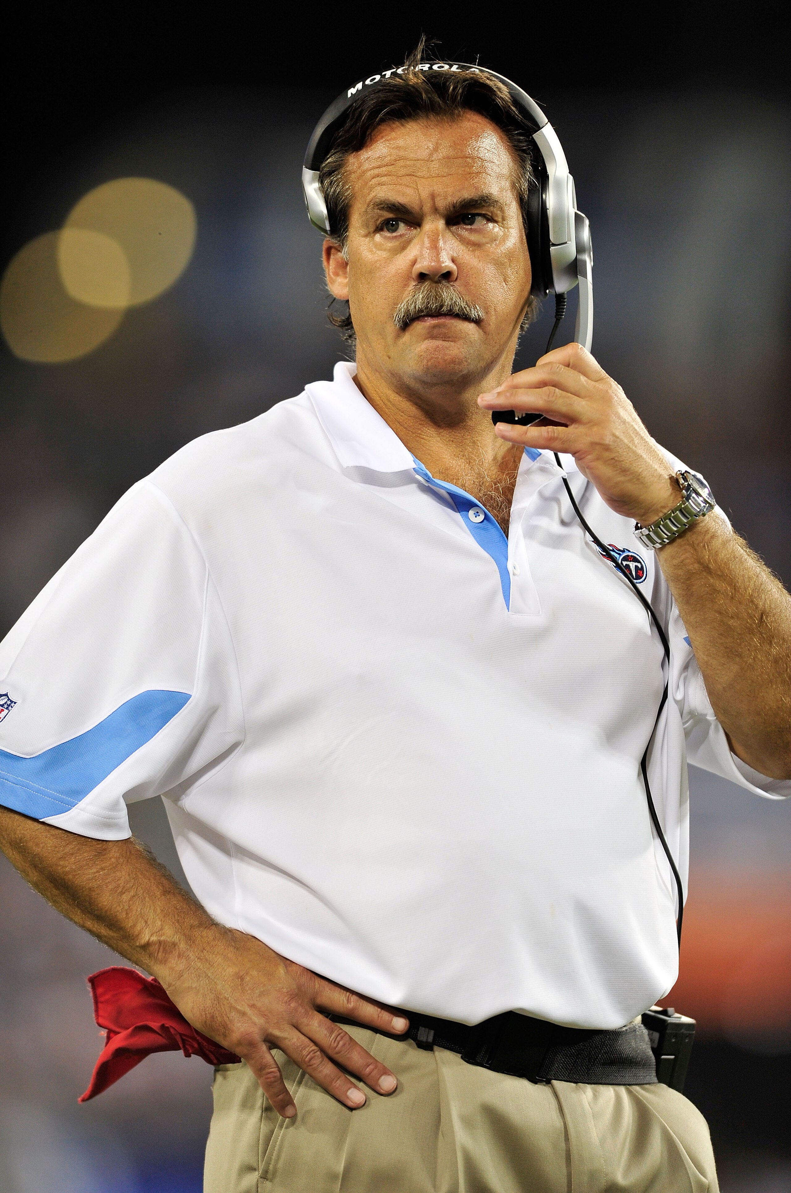 NASHVILLE, TN - SEPTEMBER 02:  Coach Jeff Fisher of the Tennessee Titans watches during an exhibition game against the New Orleans Saints at LP Field on September 2, 2010 in Nashville, Tennessee. Tennessee won 27-24.  (Photo by Grant Halverson/Getty Image