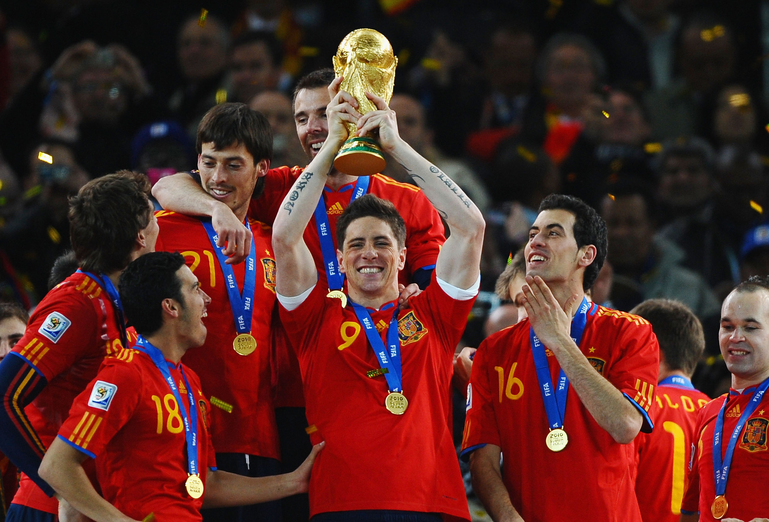 Spain hoist the FIFA World Cup trophy