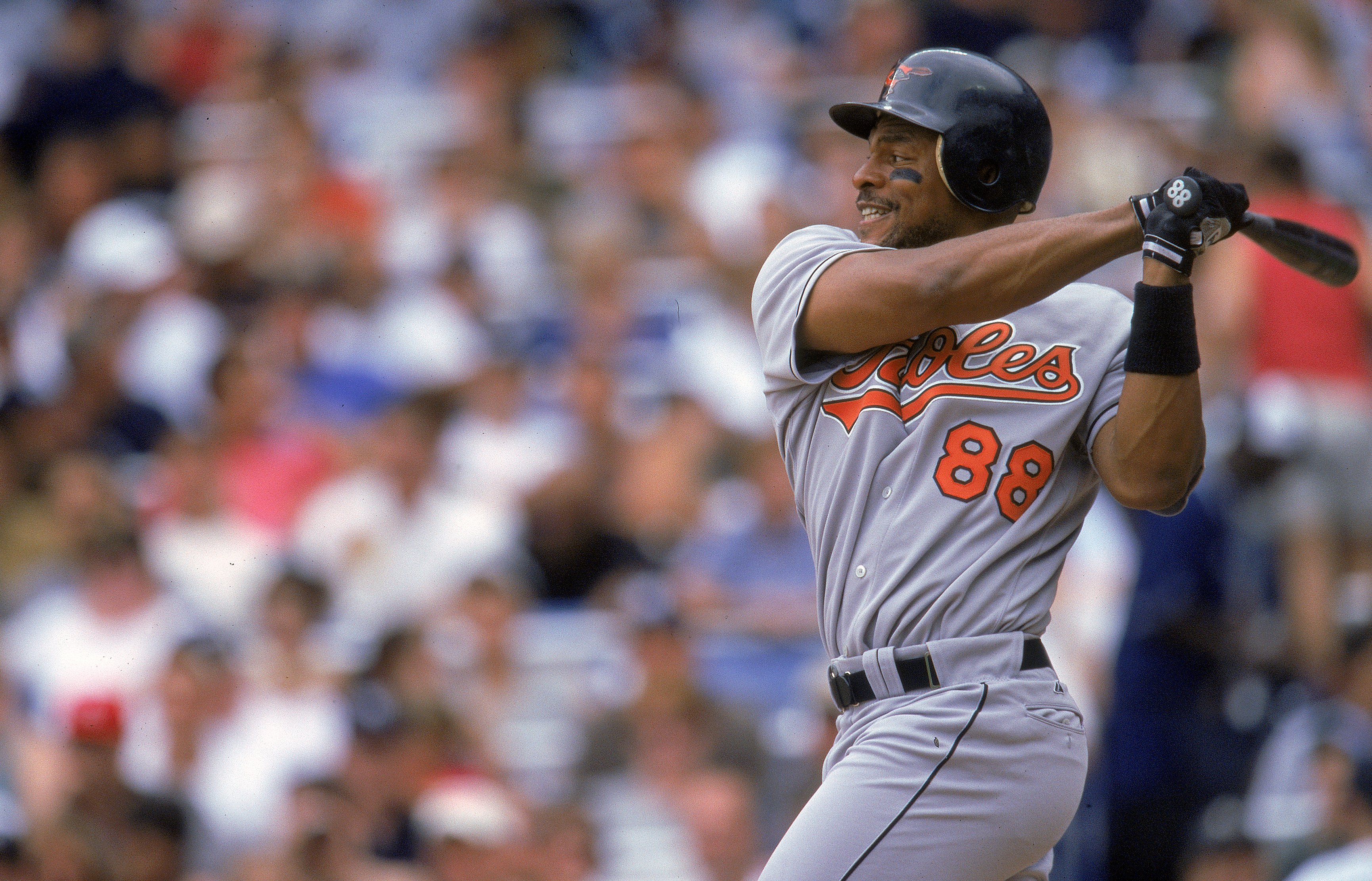 4 Jul 2000: Albert Belle #88 of the Baltimore Orioles swings at the pitch during the game against the New York Yankees at Yankee Stadium in New York, New York. The Orioles defeated the Yankees 7-6.Mandatory Credit: Jamie Squire /Allsport