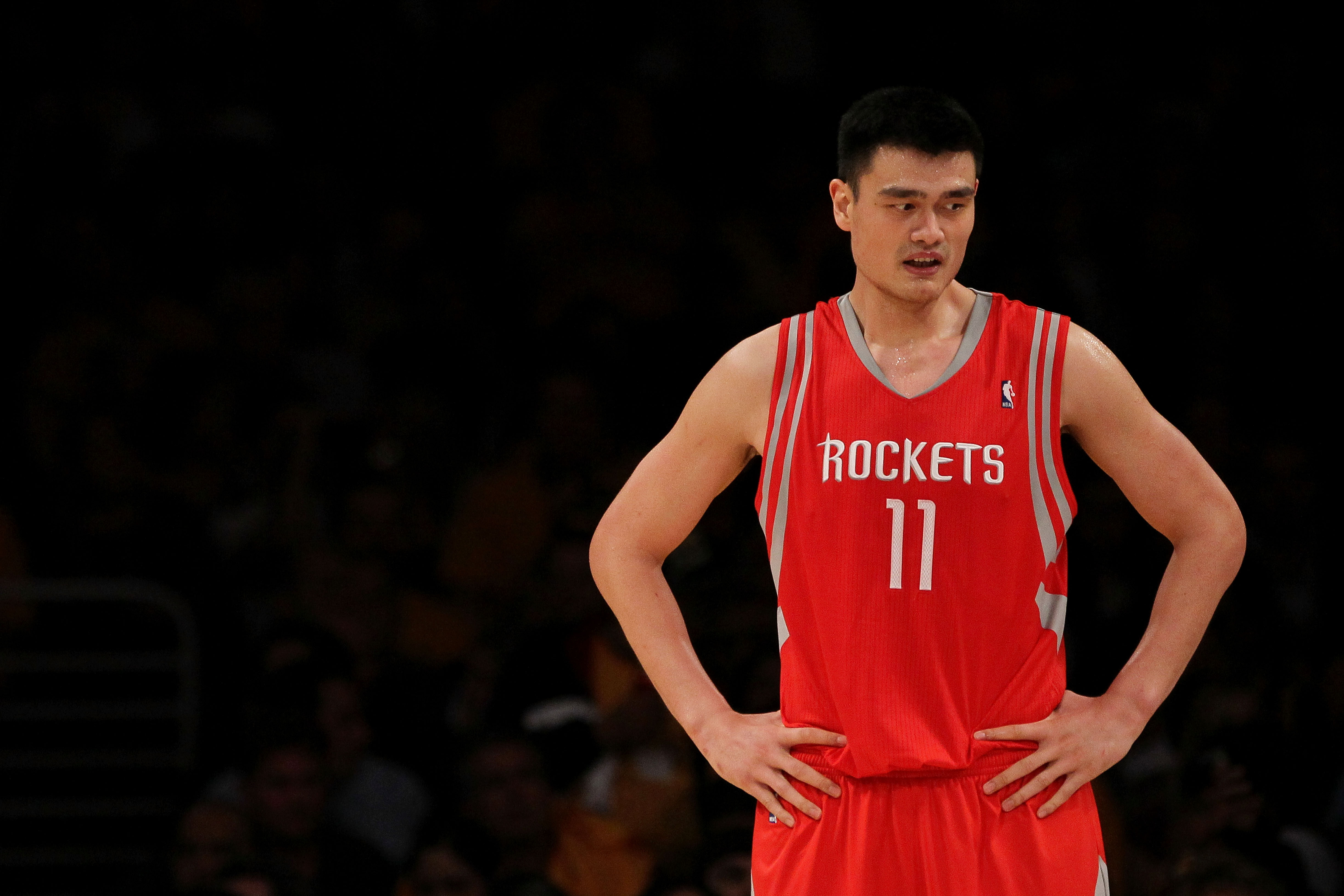 LOS ANGELES, CA - OCTOBER 26:  Yao Ming #11 of the Houston Rockets looks on during their opening night game against the Los Angeles Lakers at Staples Center on October 26, 2010 in Los Angeles, California. NOTE TO USER: User expressly acknowledges and agre