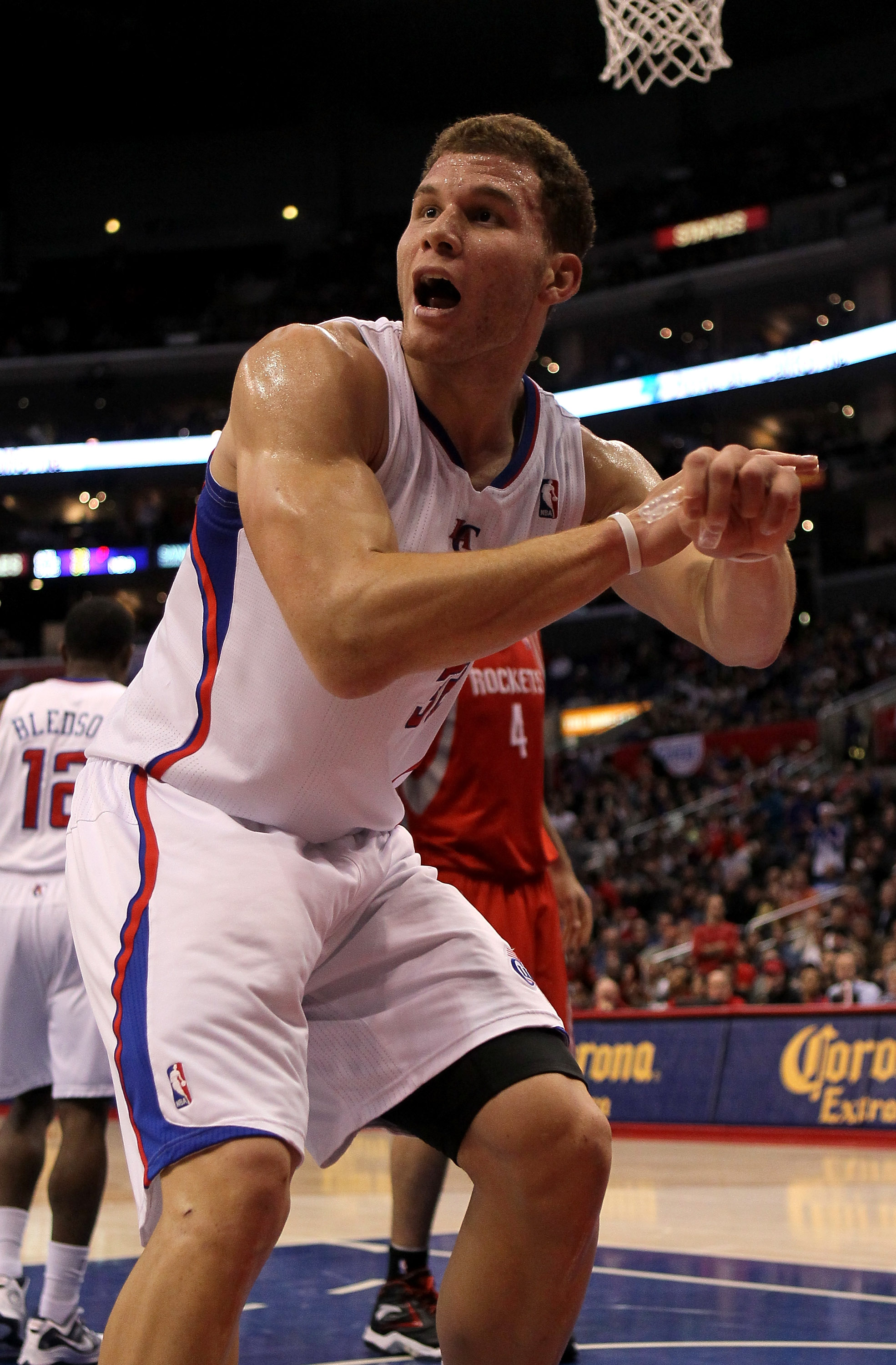 LOS ANGELES, CA - DECEMBER 22:  Blake Griffin #32 of the Los Angeles Clippers gestures to a referee after a call in the game with the Houston Rockets at Staples Center on December 22, 2010 in Los Angeles, California.  Griffin was called for a technical fo