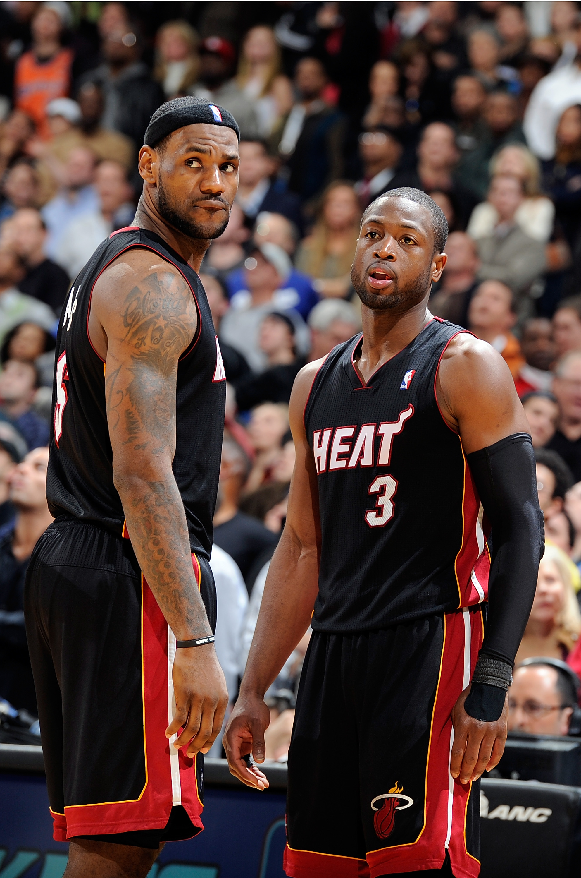 WASHINGTON, DC - DECEMBER 18:  LeBron James #6 of the Miami Heat talks with Dwyane Wade #3 during the game against the Washington Wizards at the Verizon Center on December 18, 2010 in Washington, DC. NOTE TO USER: User expressly acknowledges and agrees th