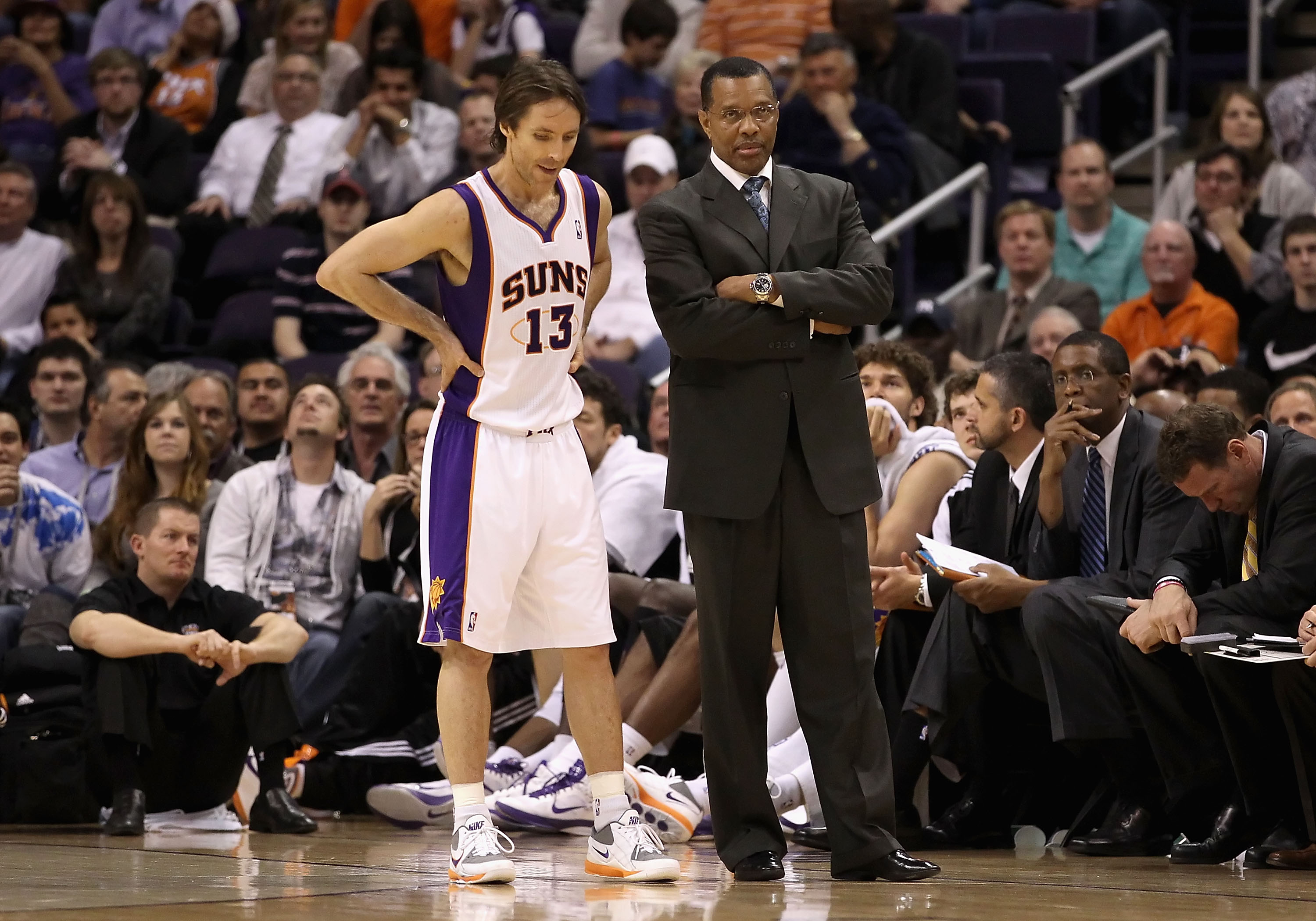 PHOENIX - DECEMBER 15:  Steve Nash #13 and head coach Alvin Gentry of the Phoenix Suns during the NBA game against the Minnesota Timberwolves at US Airways Center on December 15, 2010 in Phoenix, Arizona. NOTE TO USER: User expressly acknowledges and agre