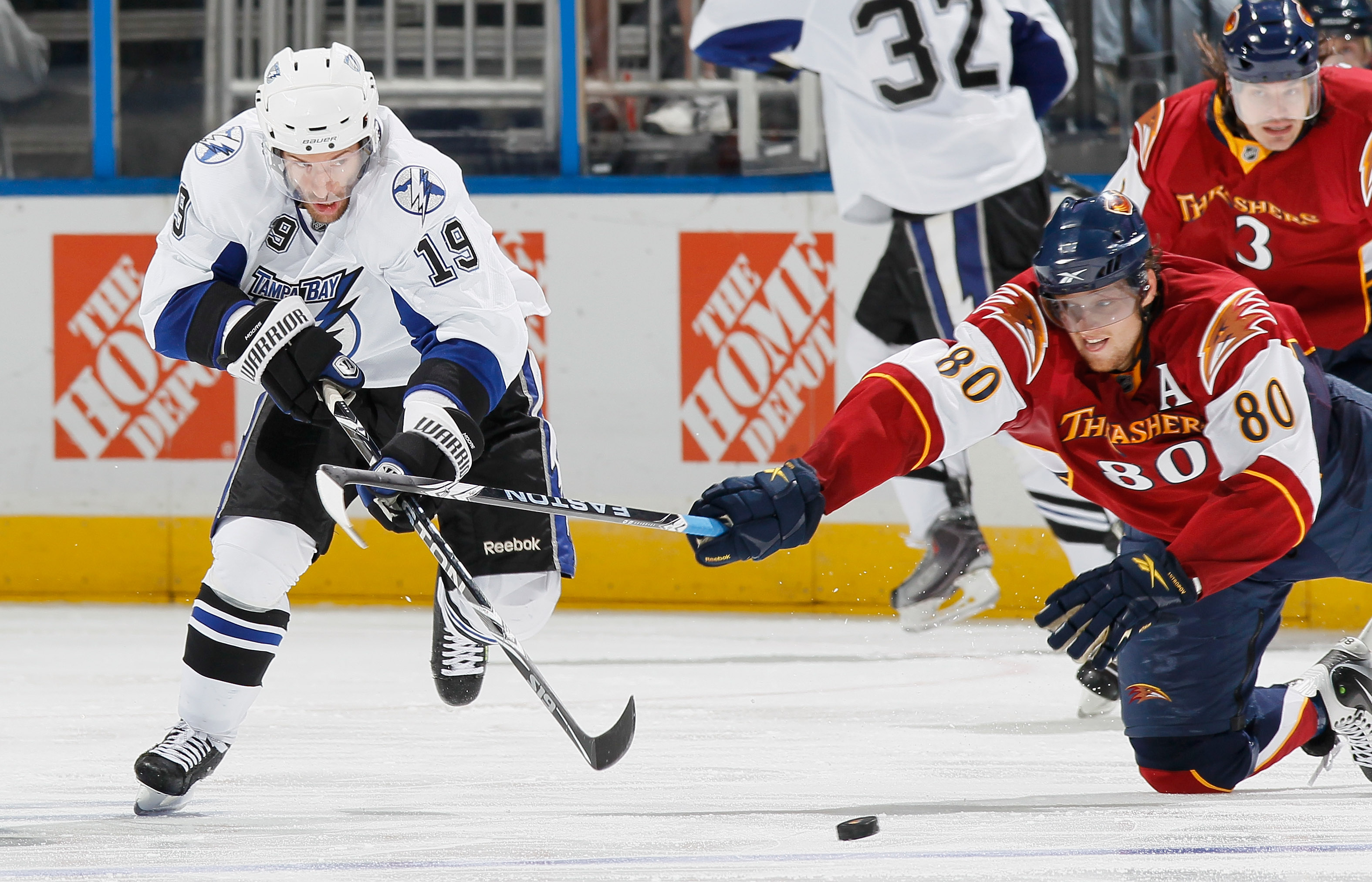 Steve Downie of the Tampa Bay Lightning controls the puck during