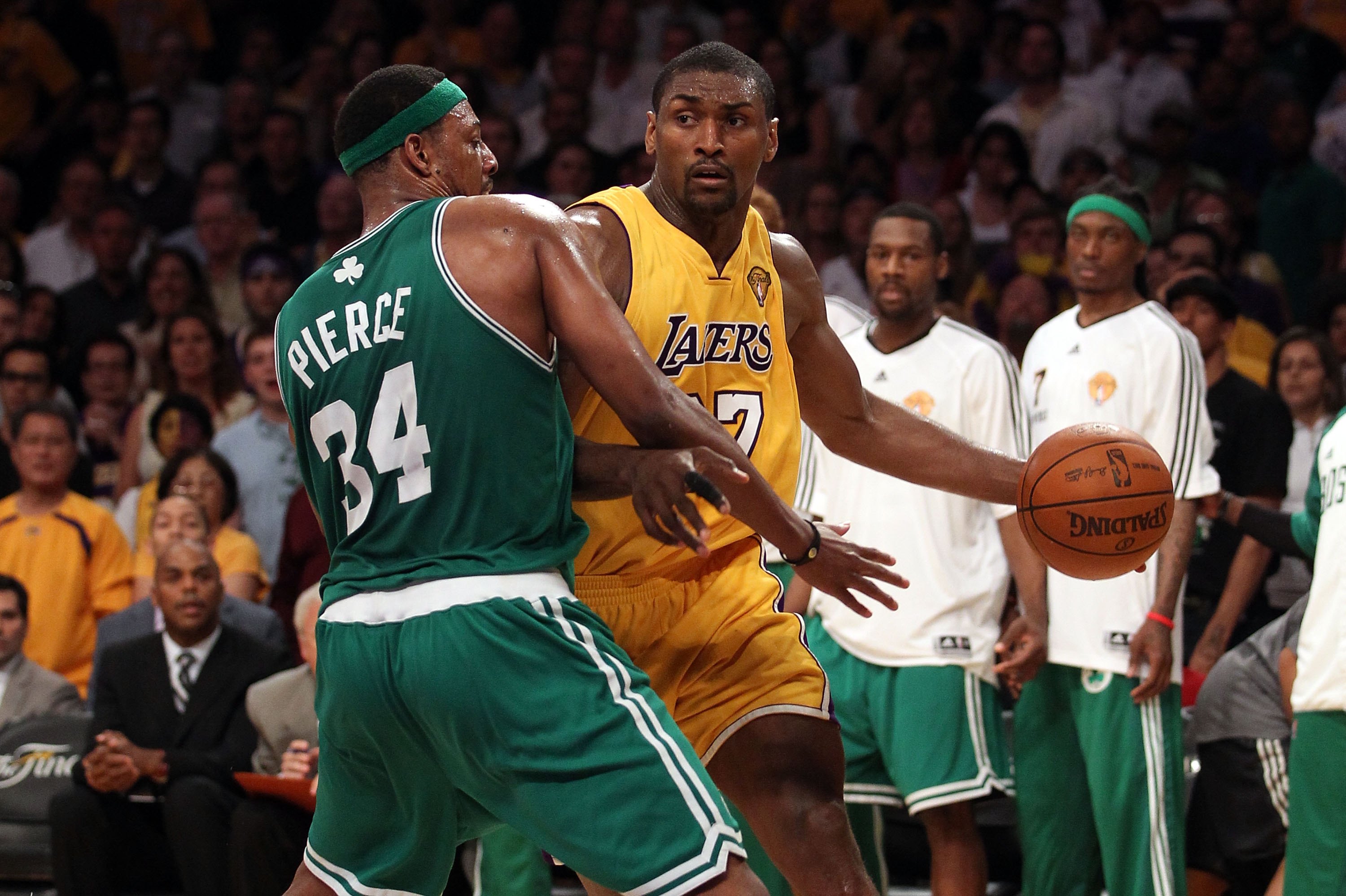 LOS ANGELES, CA - JUNE 17:  Ron Artest #37 of the Los Angeles Lakers drives on Paul Pierce #34 of the Boston Celtics in Game Seven of the 2010 NBA Finals at Staples Center on June 17, 2010 in Los Angeles, California.  NOTE TO USER: User expressly acknowle