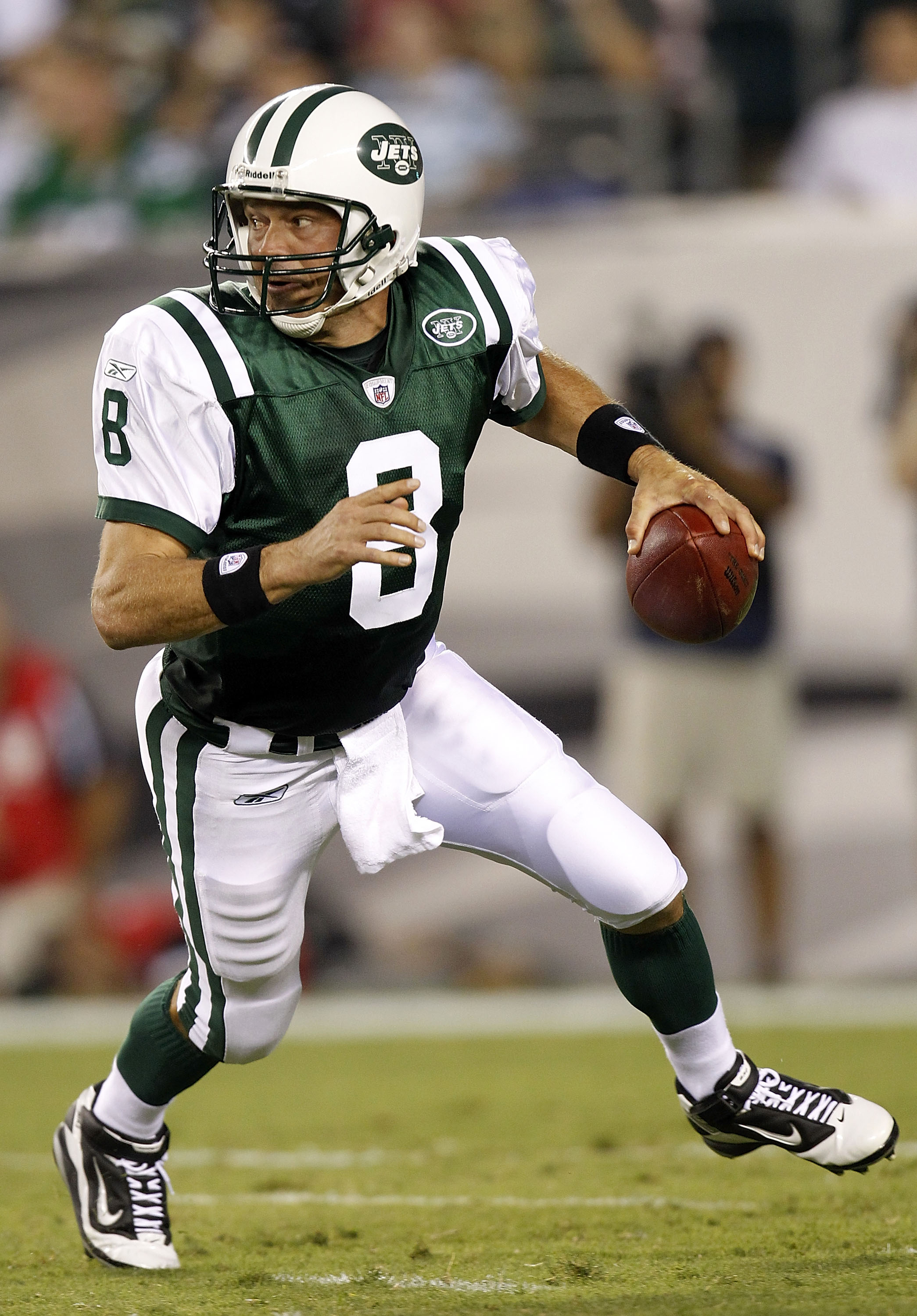 New York Jets quarterback Mark Brunell walks off of the field in the fourth  quarter in week 1 of the NFL Preseason at The New Meadowlands Stadium in  East Rutherford, New Jersey