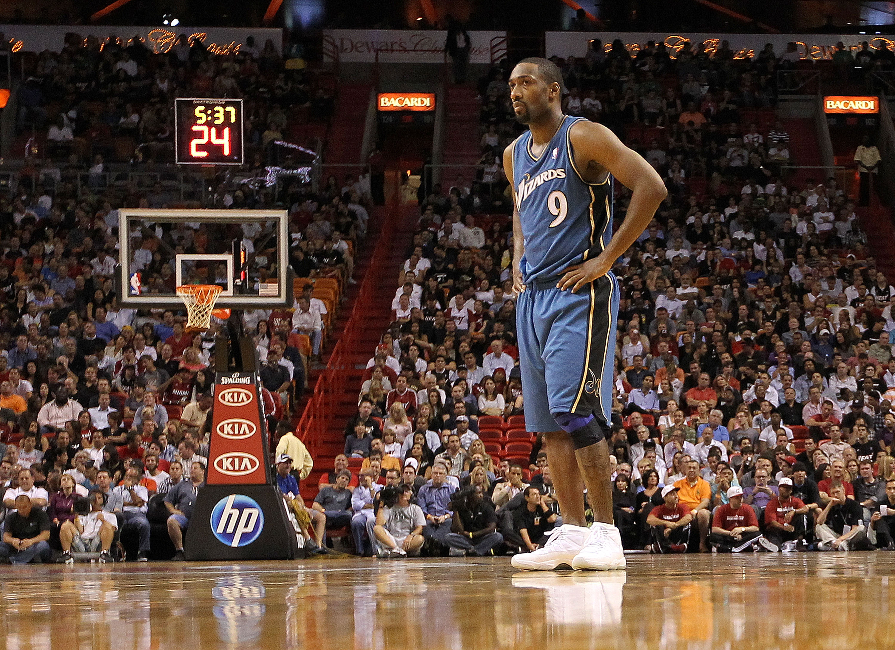 MIAMI, FL - NOVEMBER 29:  Gilbert Arenas #9 of the Washington Wizards looks on during a game against the Miami Heat at American Airlines Arena on November 29, 2010 in Miami, Florida. NOTE TO USER: User expressly acknowledges and agrees that, by downloadin