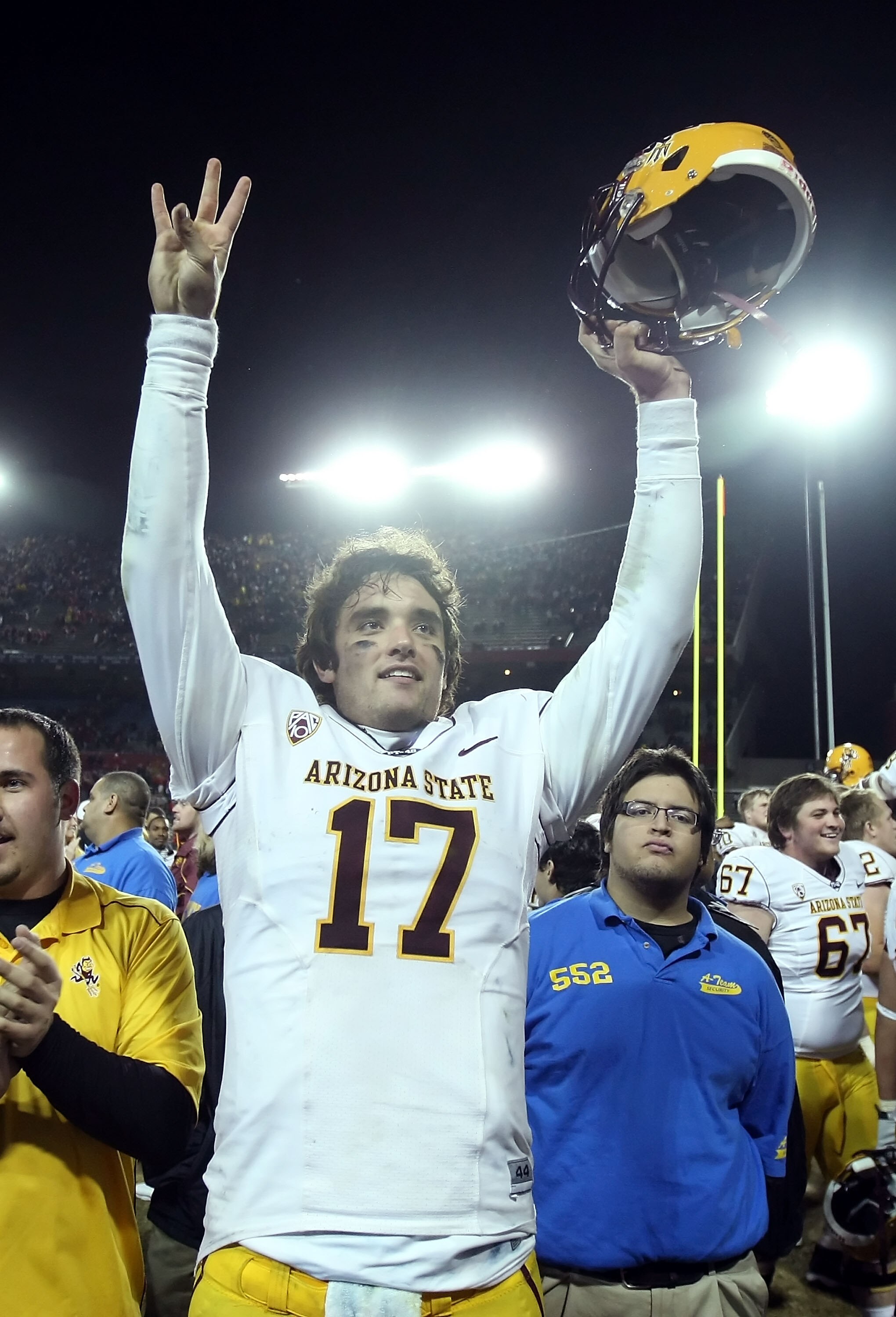 TUCSON, AZ - DECEMBER 02:  Quarterback Brock Osweiler #17 of the Arizona State Sun Devils celebrates after defeating the Arizona Wildcats in college football game at Arizona Stadium on December 2, 2010 in Tucson, Arizona. The Sun Devils defeated the Wildc