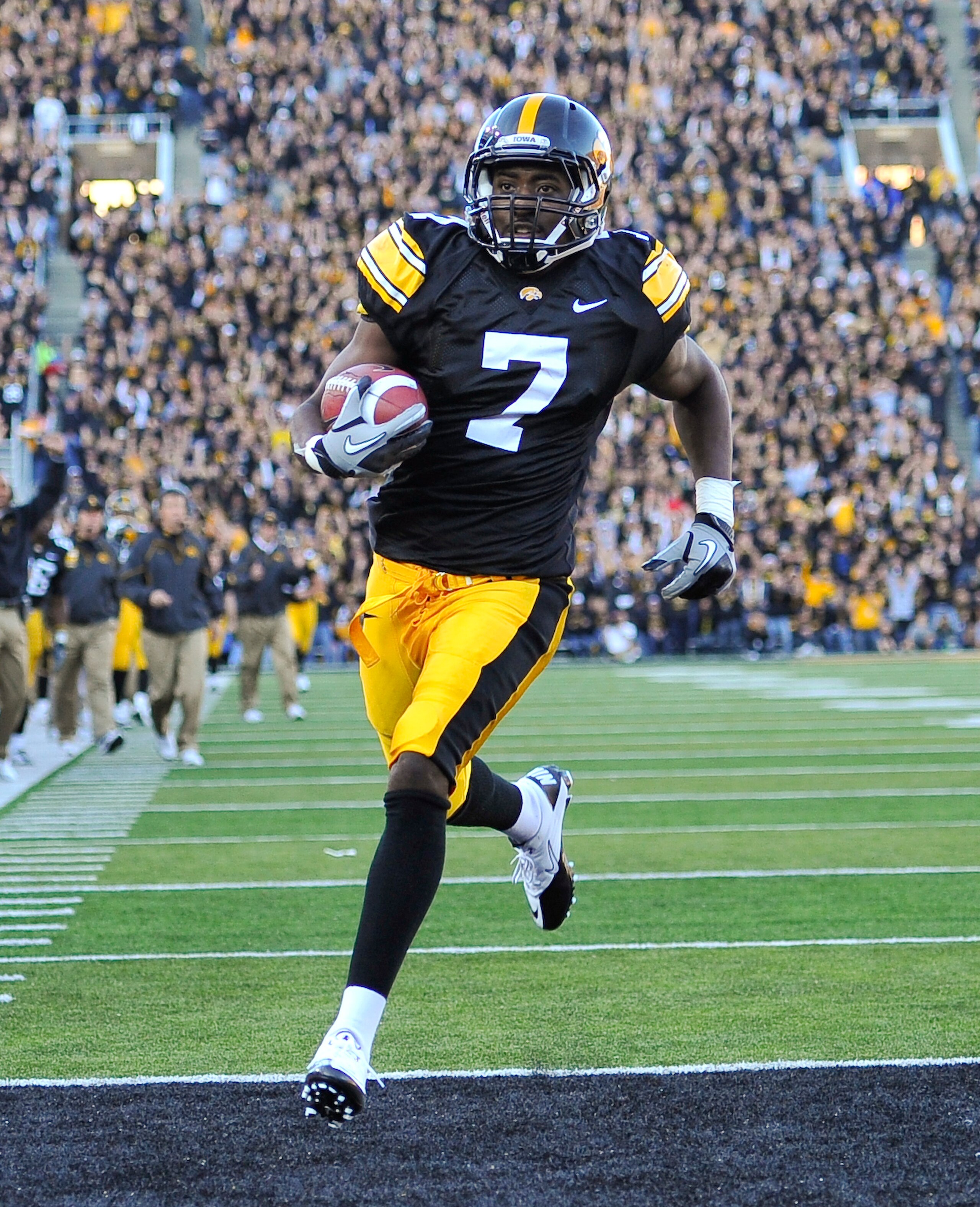 IOWA CITY, IA - OCTOBER 30- Wide receiver Marvin McNutt #7 of the University of Iowa Hawkeyes runs into the end zone for a touch down during the second half of play against the Michigan State Spartans at Kinnick Stadium on October 30, 2010 in Iowa City, I