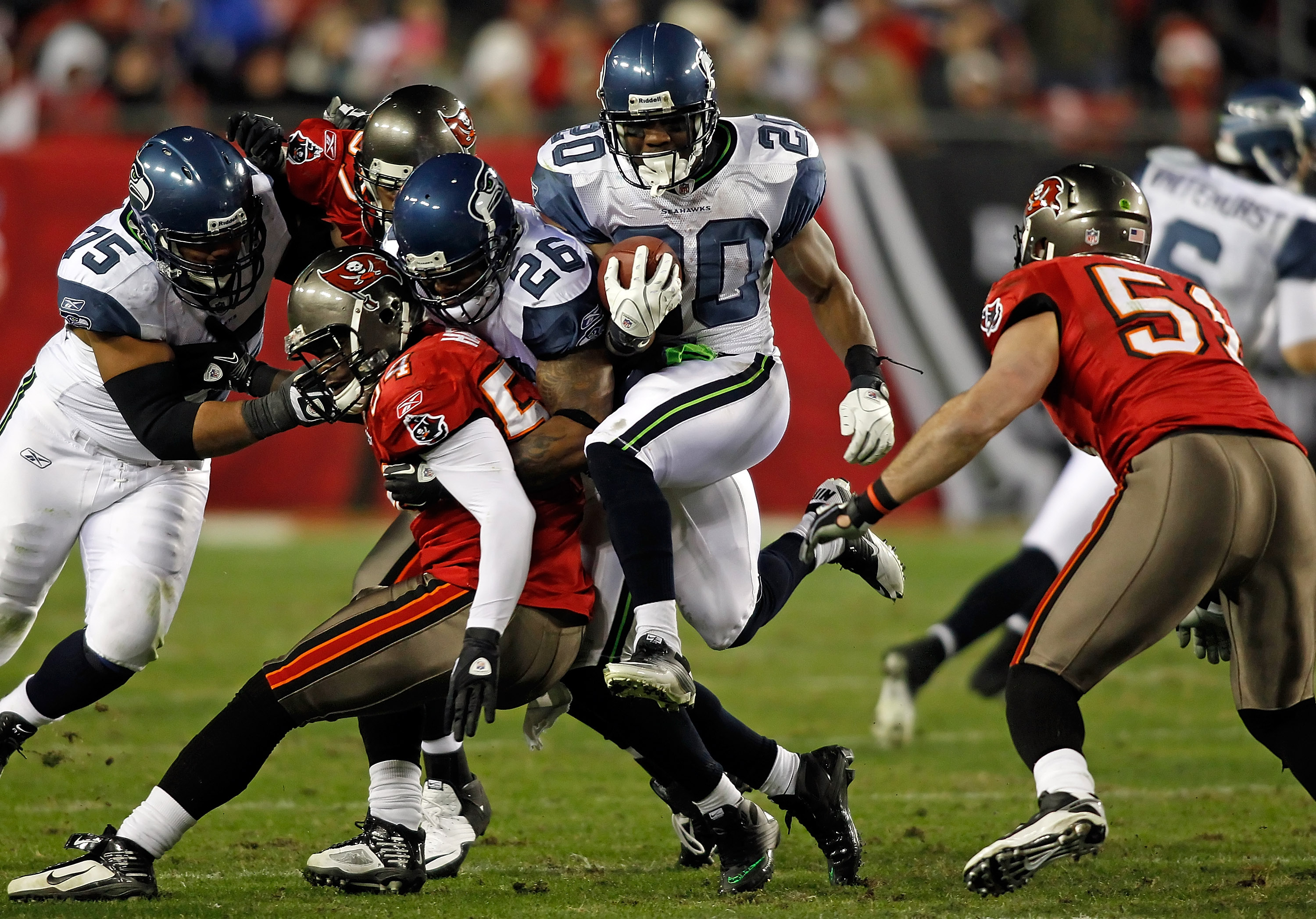 Seattle Seahawks defensive end Patrick Kerney celebrates his sack