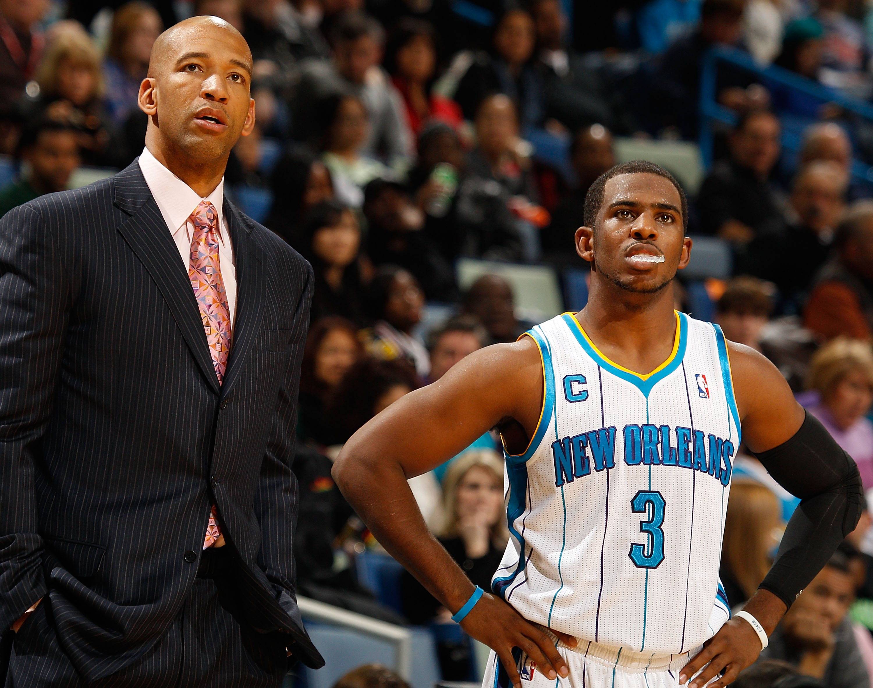 NEW ORLEANS, LA - DECEMBER 26:  Head coach Monty Williams talks with Chris Paul #3 of the New Orleans Hornets during the game against the Atlanta Hawks at the New Orleans Arena on December 26, 2010 in New Orleans, Louisiana.  NOTE TO USER: User expressly