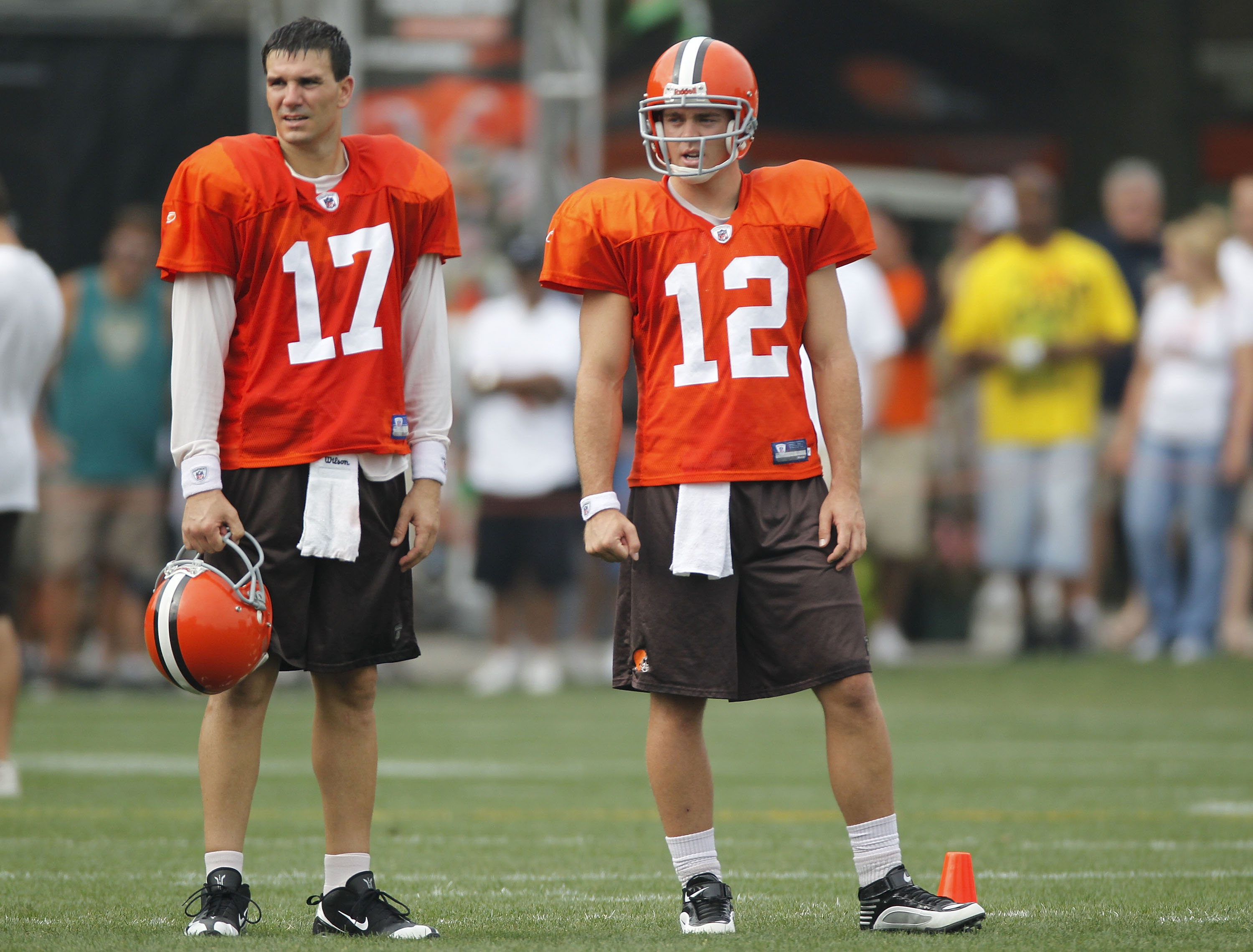 BEREA, OH - AUGUST 04:  Jake Delhomme #17 and Colt McCoy #12 of the Cleveland Browns stand next to each other during training camp at the Cleveland Browns Training and Administrative Complex on August 4, 2010 in Berea, Ohio.  (Photo by Gregory Shamus/Gett