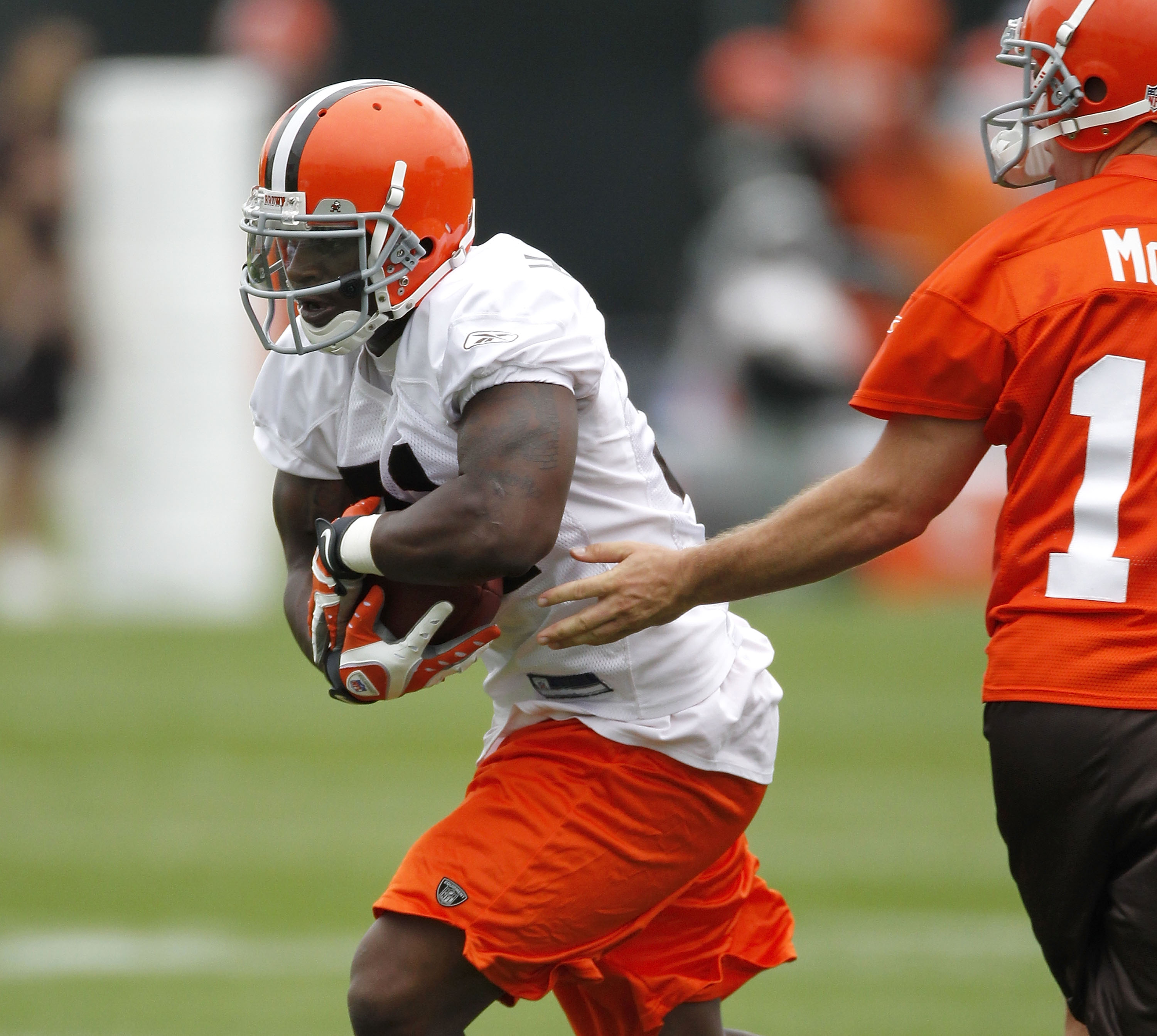 BEREA, OH - MAY 01:  Montario Hardesty #31 of the Cleveland Browns takes a hand off from Colt McCoy #12 during rookie mini camp at the Cleveland Browns Training and Administrative Complex on May 1, 2010 in Berea, Ohio.  (Photo by Gregory Shamus/Getty Imag