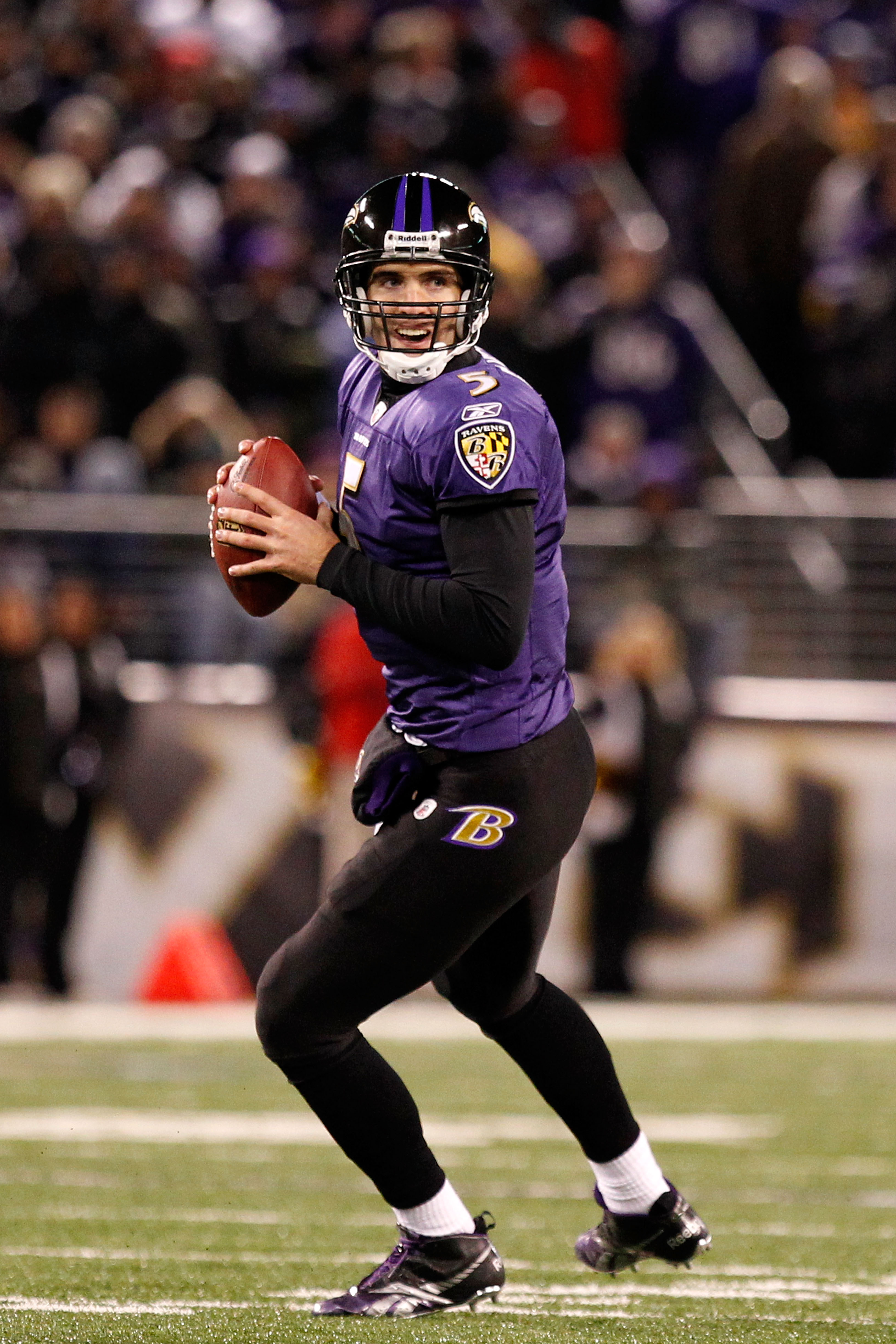 BALTIMORE, MD - DECEMBER 05: Quarterback Joe Flacco #5 of the Baltimore Ravens looks to pass against the Pittsburgh Steelers at M&T Bank Stadium on December 5, 2010 in Baltimore, Maryland. Pittsburgh won 13-10. (Photo by Geoff Burke/Getty Images)