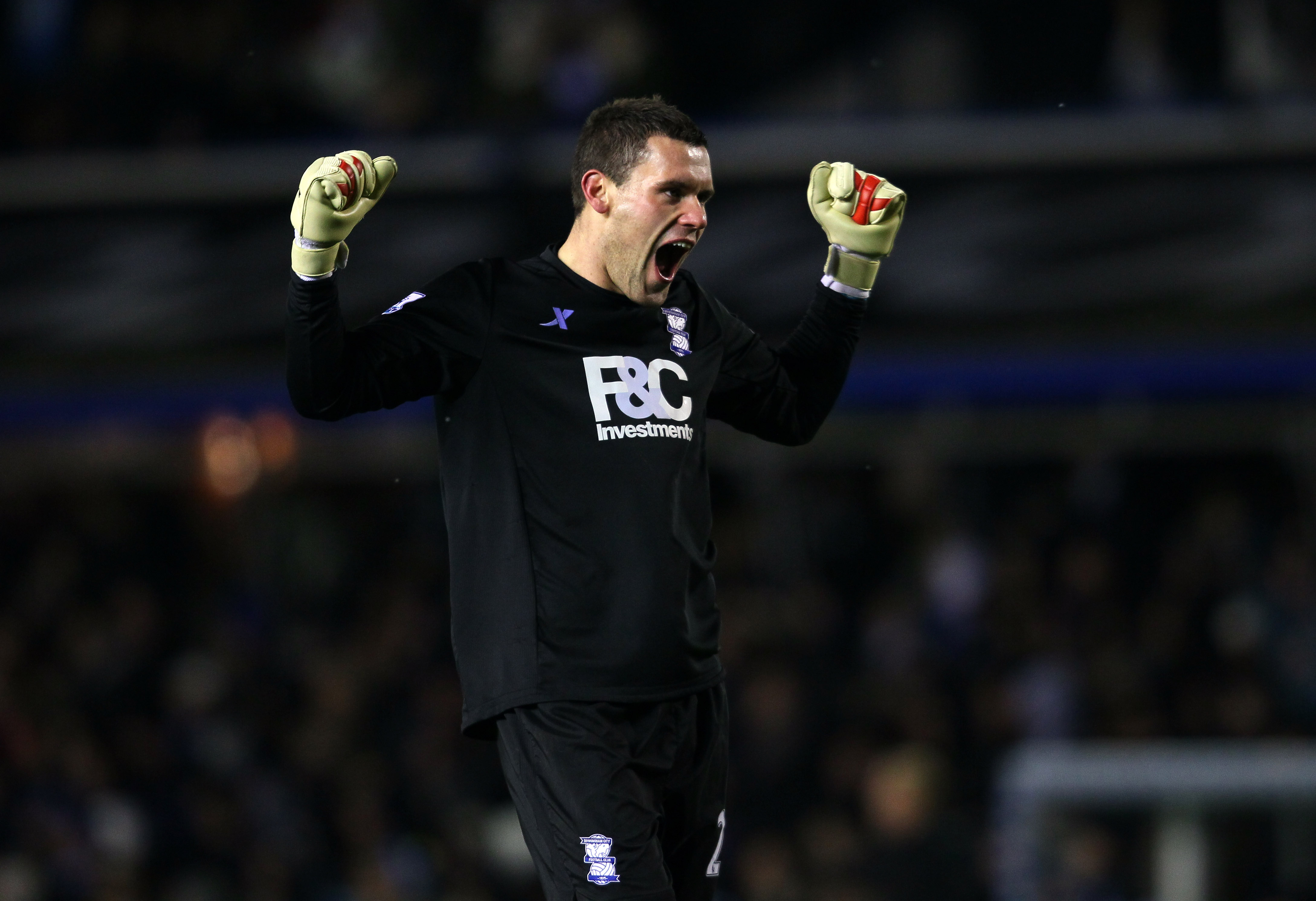 BIRMINGHAM, ENGLAND - DECEMBER 01:  Birmingham keeper Ben Foster celebrates the City goal during the Carling Cup Quarter Final between Birmingham City and Aston Villa at St Andrews on December 1, 2010 in Birmingham, England.  (Photo by Stu Forster/Getty I
