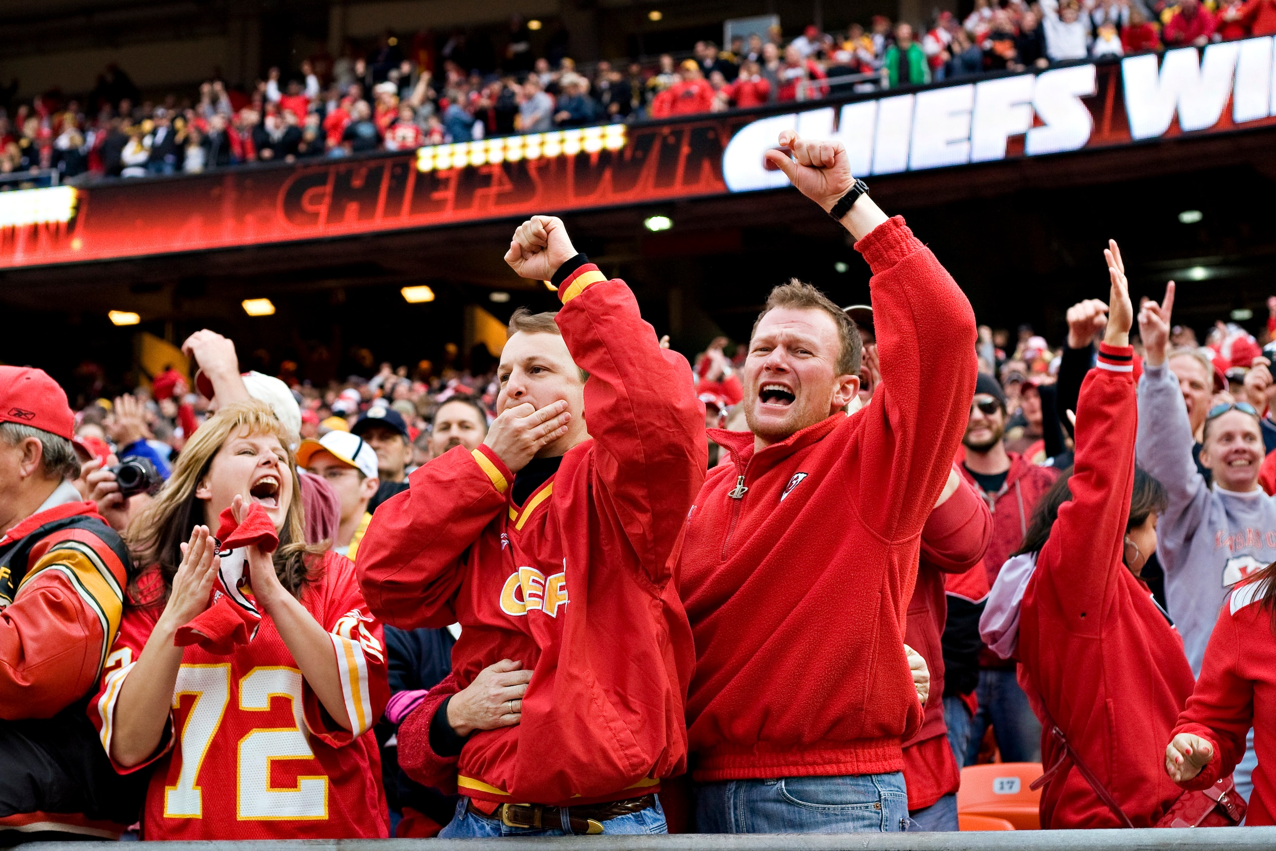 KANSAS CITY, MO - NOVEMBER 22: Fans of the Kansas City Chiefs celebrate after the game against the Pittsburgh Steelers at Arrowhead Stadium on November 22, 2009 in Kansas City, Missouri. The Chiefs defeated the Steelers 27-24. (Photo by Wesley Hitt/Gett KANSAS CITY, MO - NOVEMBER 22: Fans of the Kansas City Chiefs celebrate after the game against the Pittsburgh Steelers at Arrowhead Stadium on November 22, 2009 in Kansas City, Missouri. The Chiefs defeated the Steelers 27-24. (Photo by Wesley Hitt/Gett
