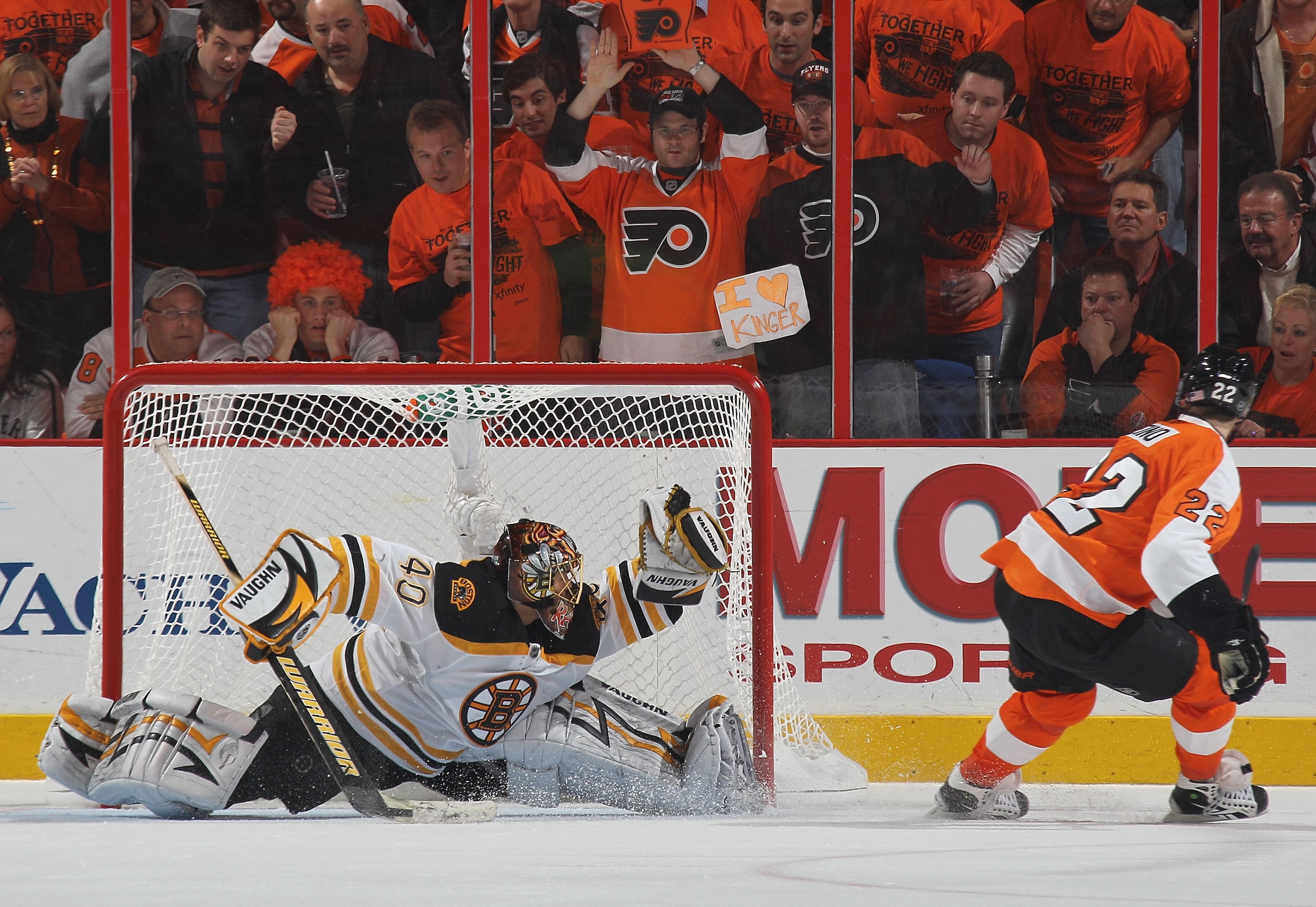 PHILADELPHIA - MAY 12: Tuukka Rask #40 of the Boston Bruins stops Ville Leino #22 of the Philadelphia Flyers on a penalty shot in Game Six of the Eastern Conference Semifinals during the 2010 NHL Stanley Cup Finals at the Wachovia Center on May 12, 2010 i