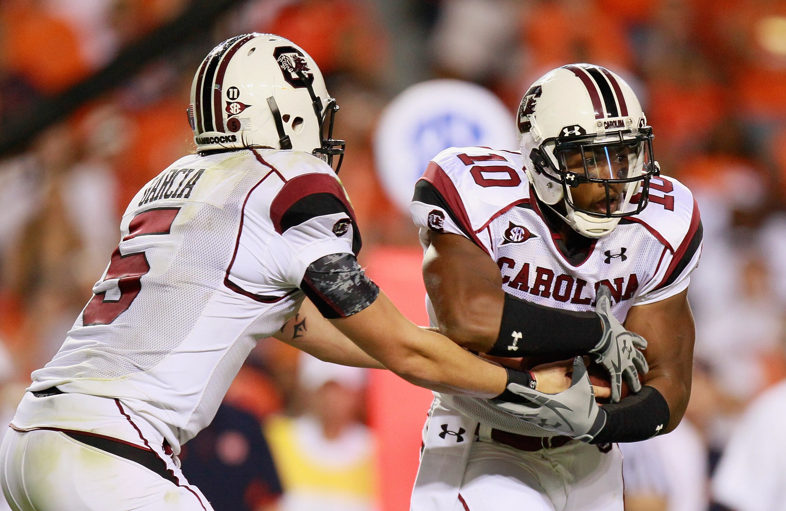 AUBURN, AL - SEPTEMBER 25:  Quarterback Stephen Garcia #5 and Brian Maddox #10 of the South Carolina Gamecocks against the Auburn Tigers at Jordan-Hare Stadium on September 25, 2010 in Auburn, Alabama.  (Photo by Kevin C. Cox/Getty Images)