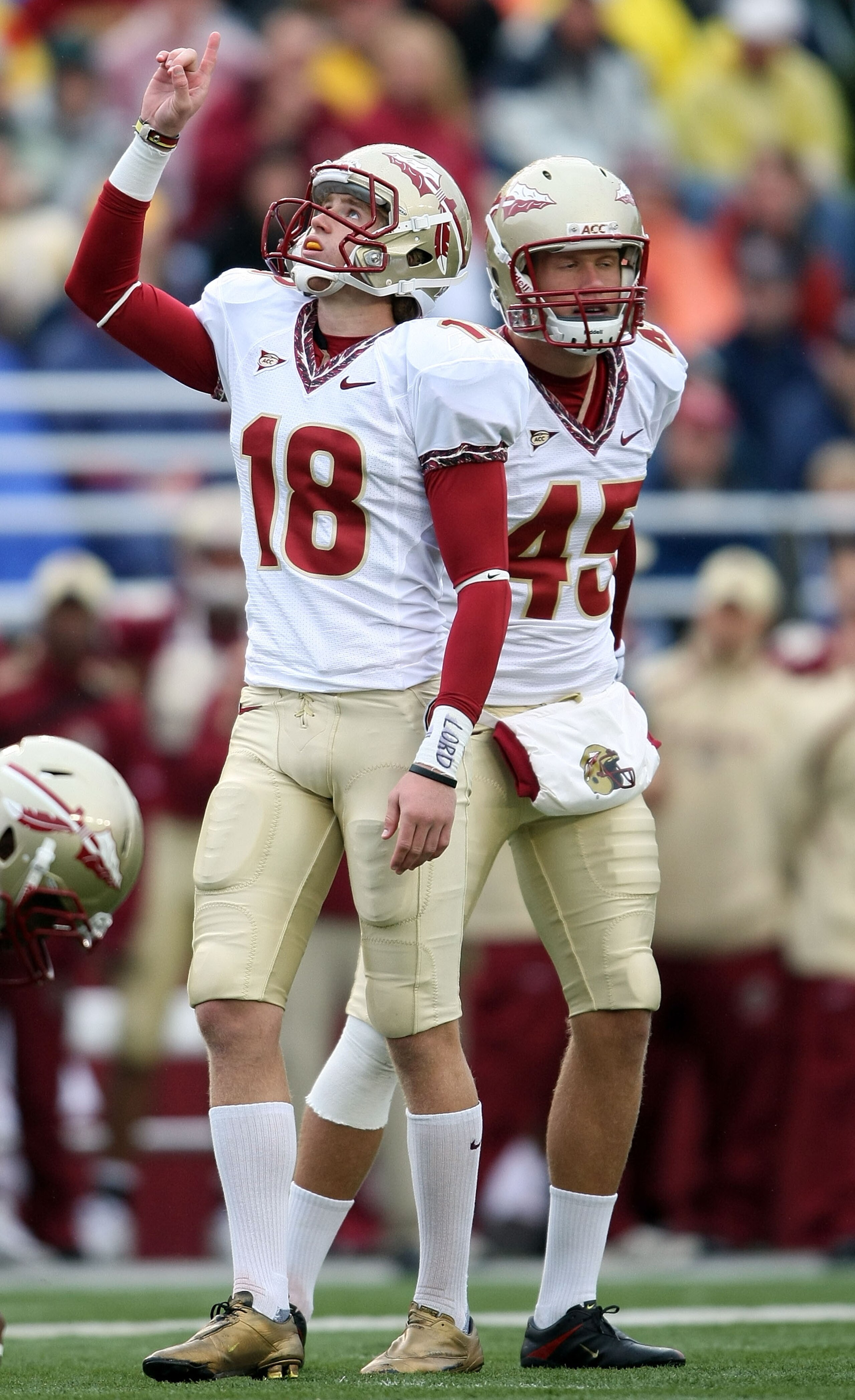 CHESTNUT HILL, MA - OCTOBER 03:  Dustin Hopkins #18 of the Florida State Seminoles celebrates his field goal as teammate Shawn Powell #45 looks on in the first half against the Boston College Eagles on October 3, 2009 at Alumni Stadium in Chestnut Hill, M