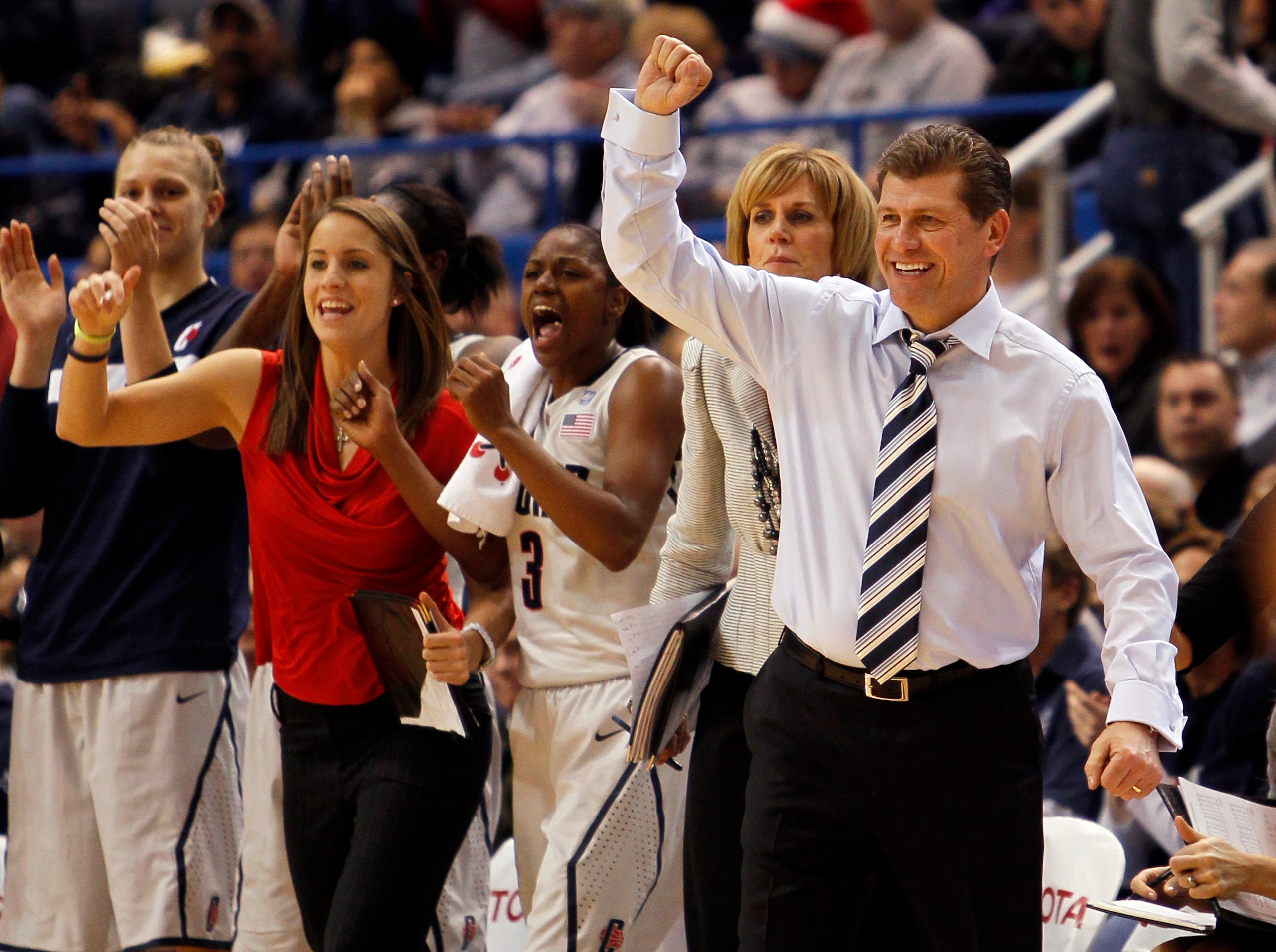 HARTFORD, CT - DECEMBER 21:  Coach Geno Auriemma of Connecticut reacts in the first half against Florida State on December 21, 2010 in Hartford, Connecticut.  (Photo by Jim Rogash/Getty Images)