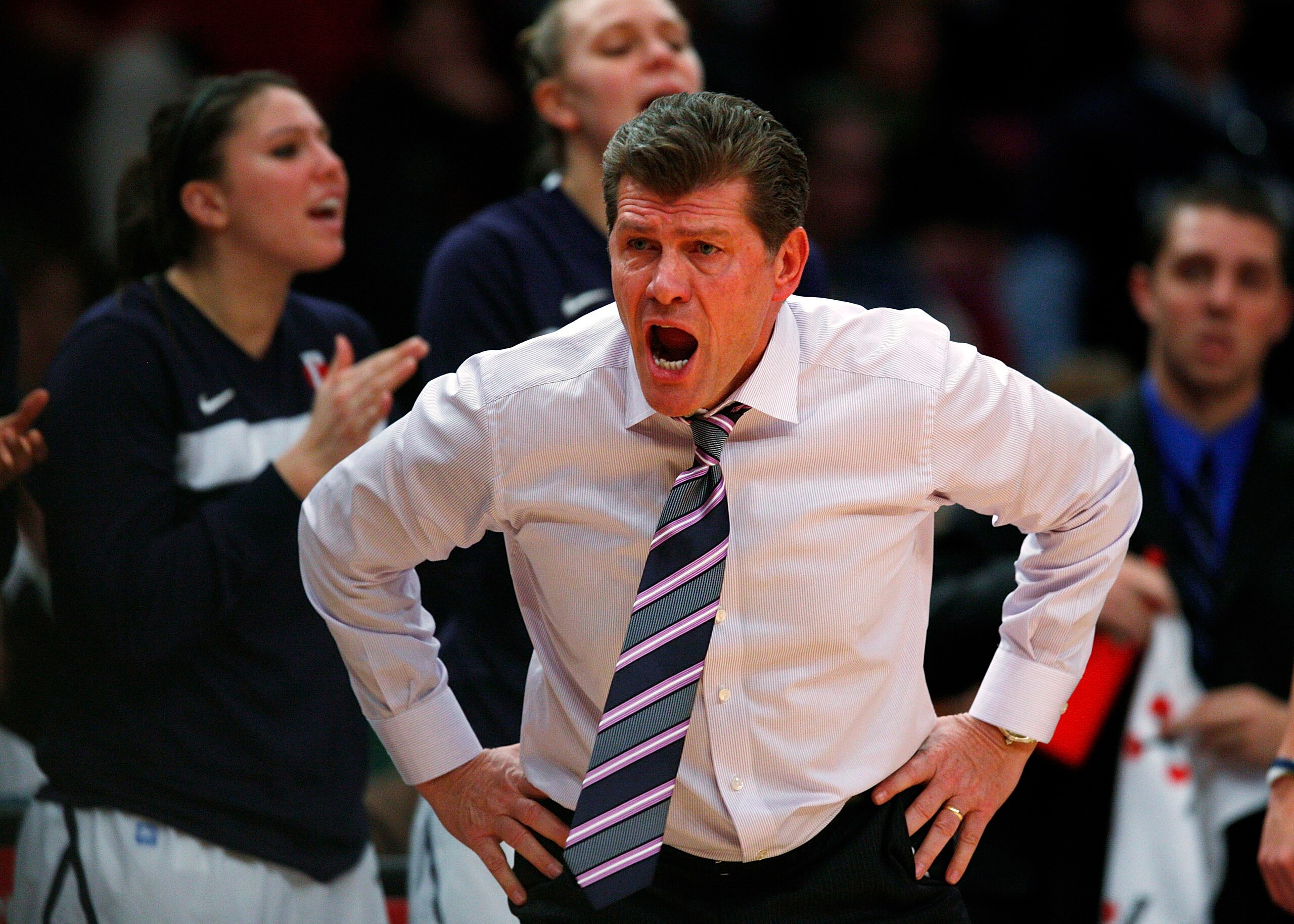 NEW YORK, NY - DECEMBER 19:  Geno Auriemma, head coach of the Connecticut Huskies yells from the sidelines against the Ohio State Buckeyes in the Maggie Dixon Classic at Madison Square Garden on December 19, 2010 in New York City.  (Photo by Jeff Zelevans