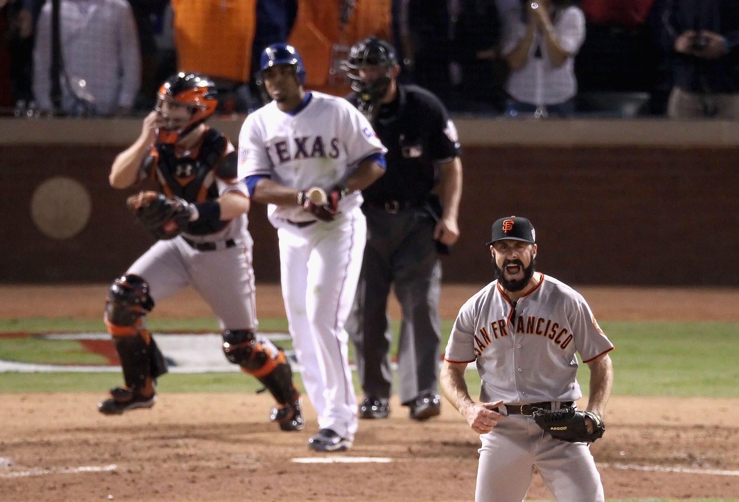 ARLINGTON, TX - NOVEMBER 01: Brian Wilson #38 of the San Francisco Giants celebrates striking out Nelson Cruz #17 of the Texas Rangers to win the 2010 MLB World Series 3-1 at Rangers Ballpark in Arlington on November 1, 2010 in Arlington, Texas. (Photo by