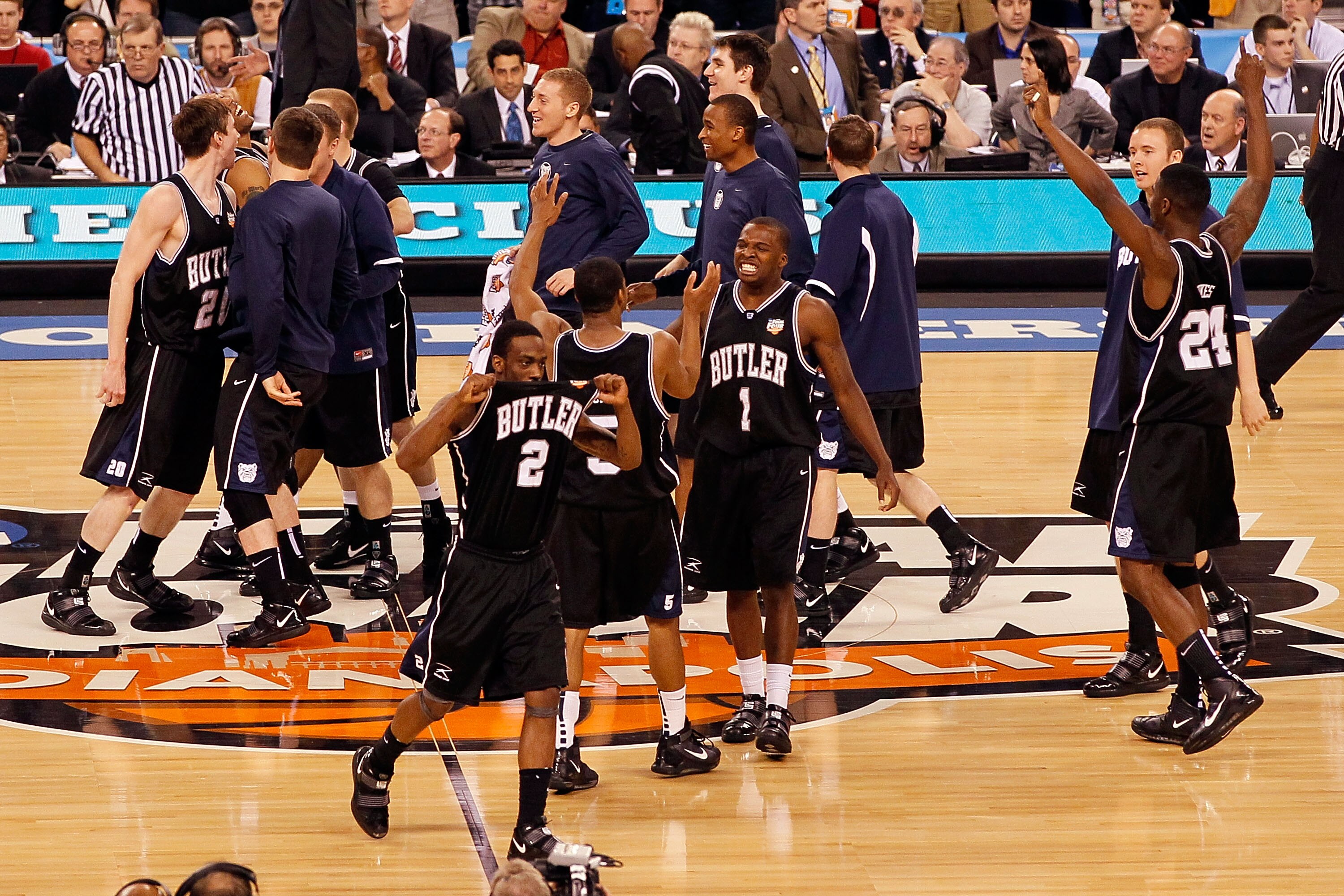 INDIANAPOLIS - APRIL 03:  Shawn Vanzant #2 and the Butler Bulldogs react after defeating the Michigan State Spartans 52-50 during the National Semifinal game of the 2010 NCAA Division I Men's Basketball Championship on April 3, 2010 in Indianapolis, India
