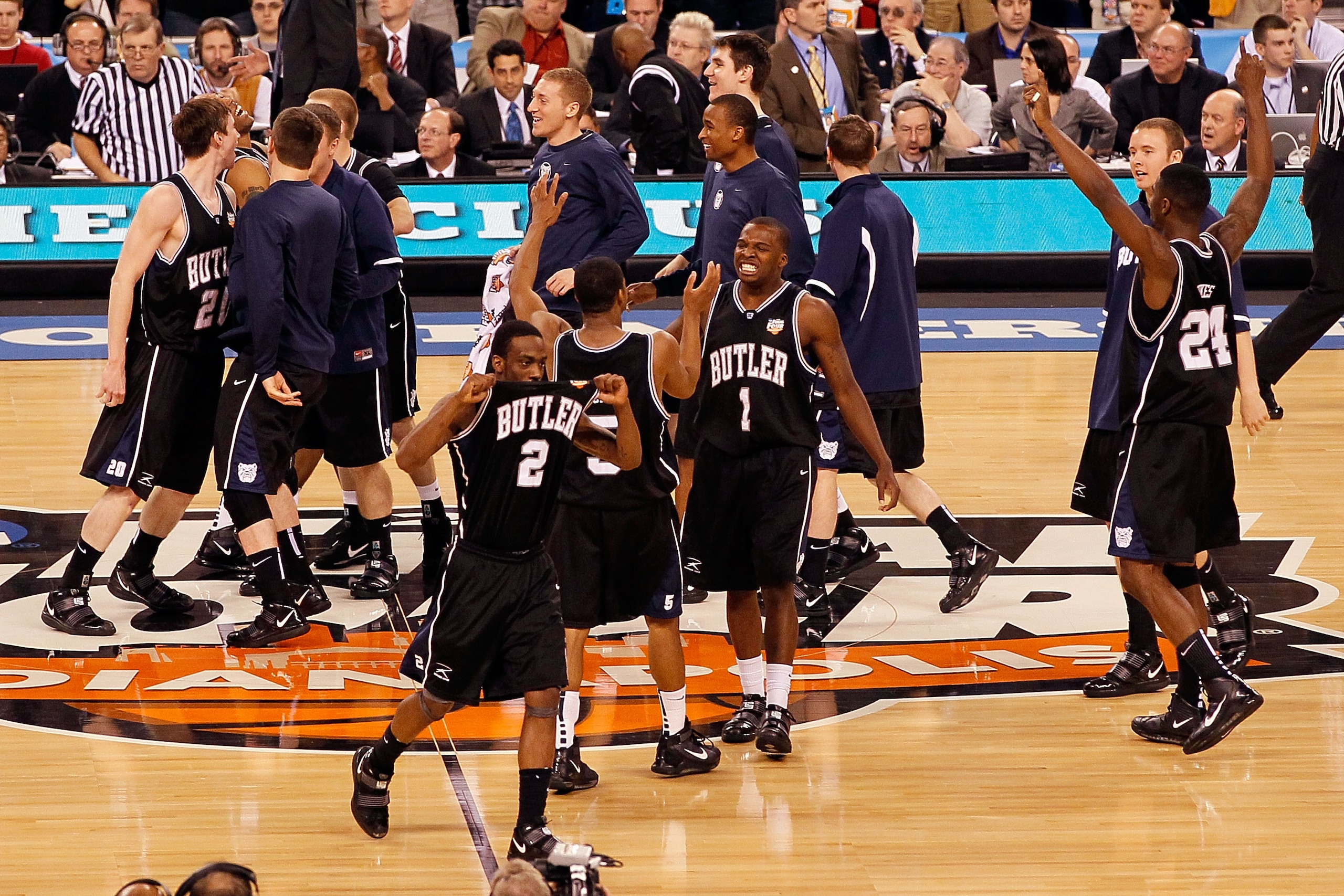 INDIANAPOLIS - APRIL 03:  Shawn Vanzant #2 and the Butler Bulldogs react after defeating the Michigan State Spartans 52-50 during the National Semifinal game of the 2010 NCAA Division I Men's Basketball Championship on April 3, 2010 in Indianapolis, India