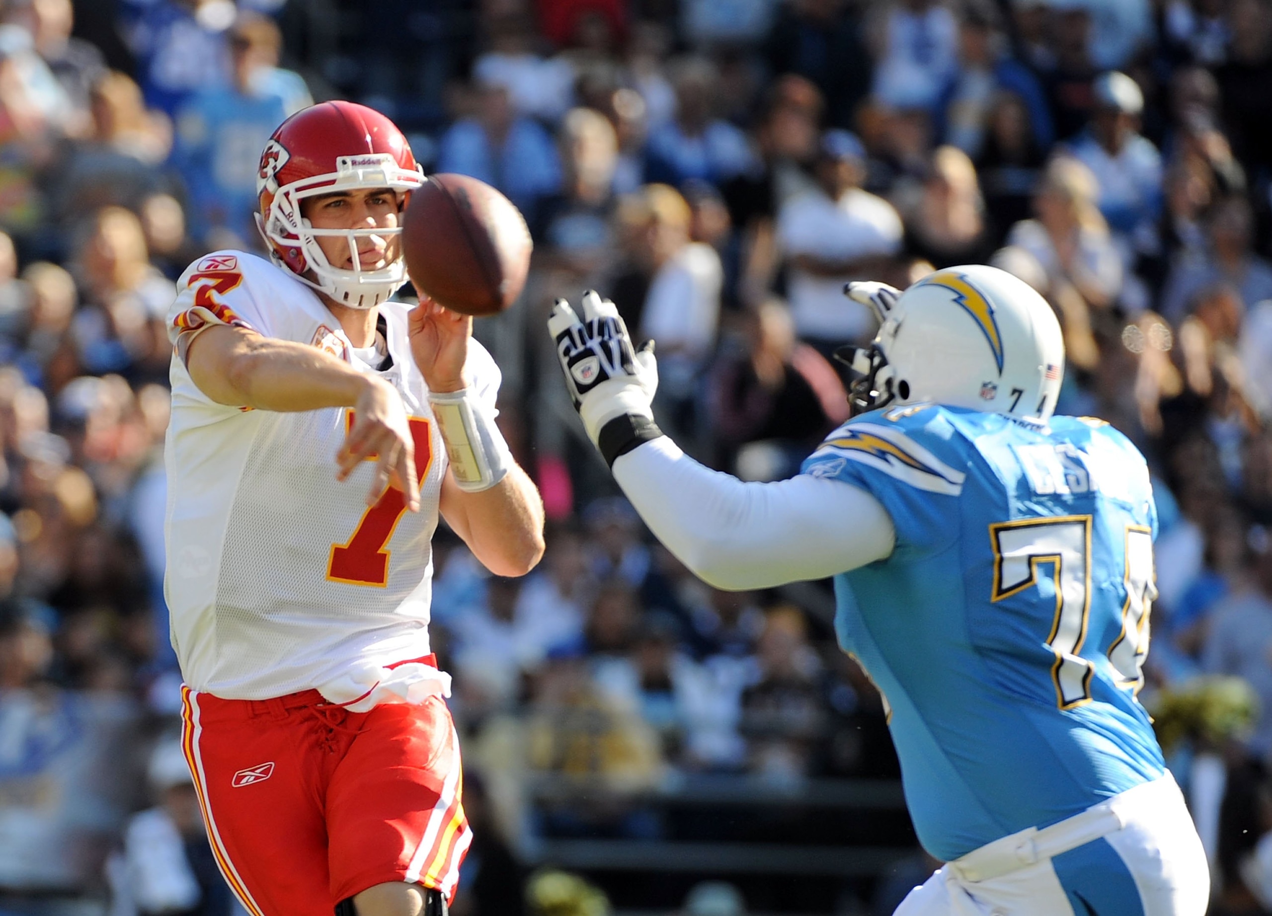 SAN DIEGO - NOVEMBER 29:  Matt Cassel #7 of the Kansas City Chiefs throws as he is rushed by Jacques Cesaire #74 of the San Diego Chargers at Qualcomm Stadium on November 29, 2009 in San Diego, California.  (Photo by Harry How/Getty Images)