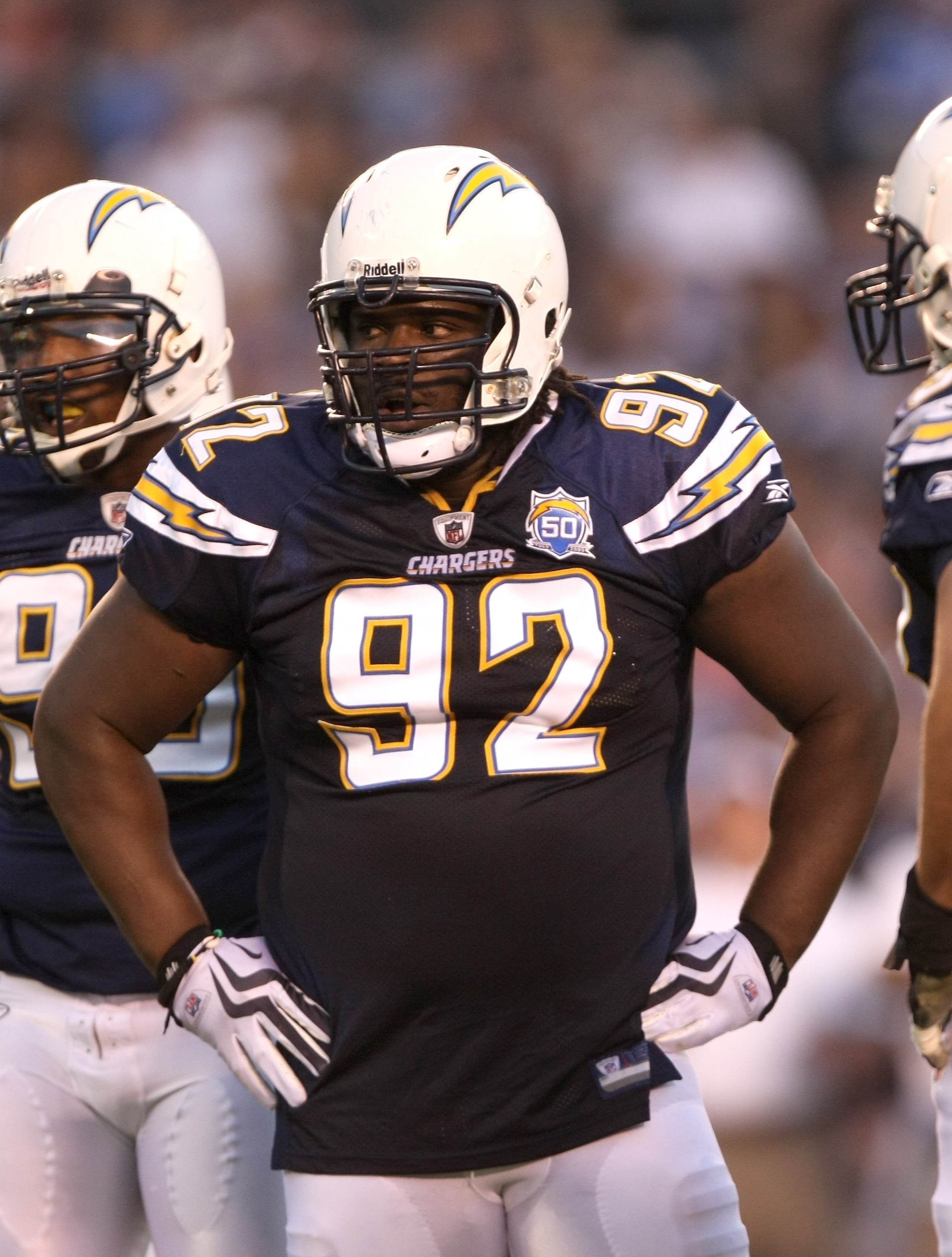 SAN DIEGO - AUGUST 15: Defensive end Vaughn Martin #92 of the San Diego Chargers waits for a play in the game with the Seattle Seahawks on August 15, 2009 at Qualcomm Stadium in San Diego, California.    (Photo by Stephen Dunn/Getty Images)