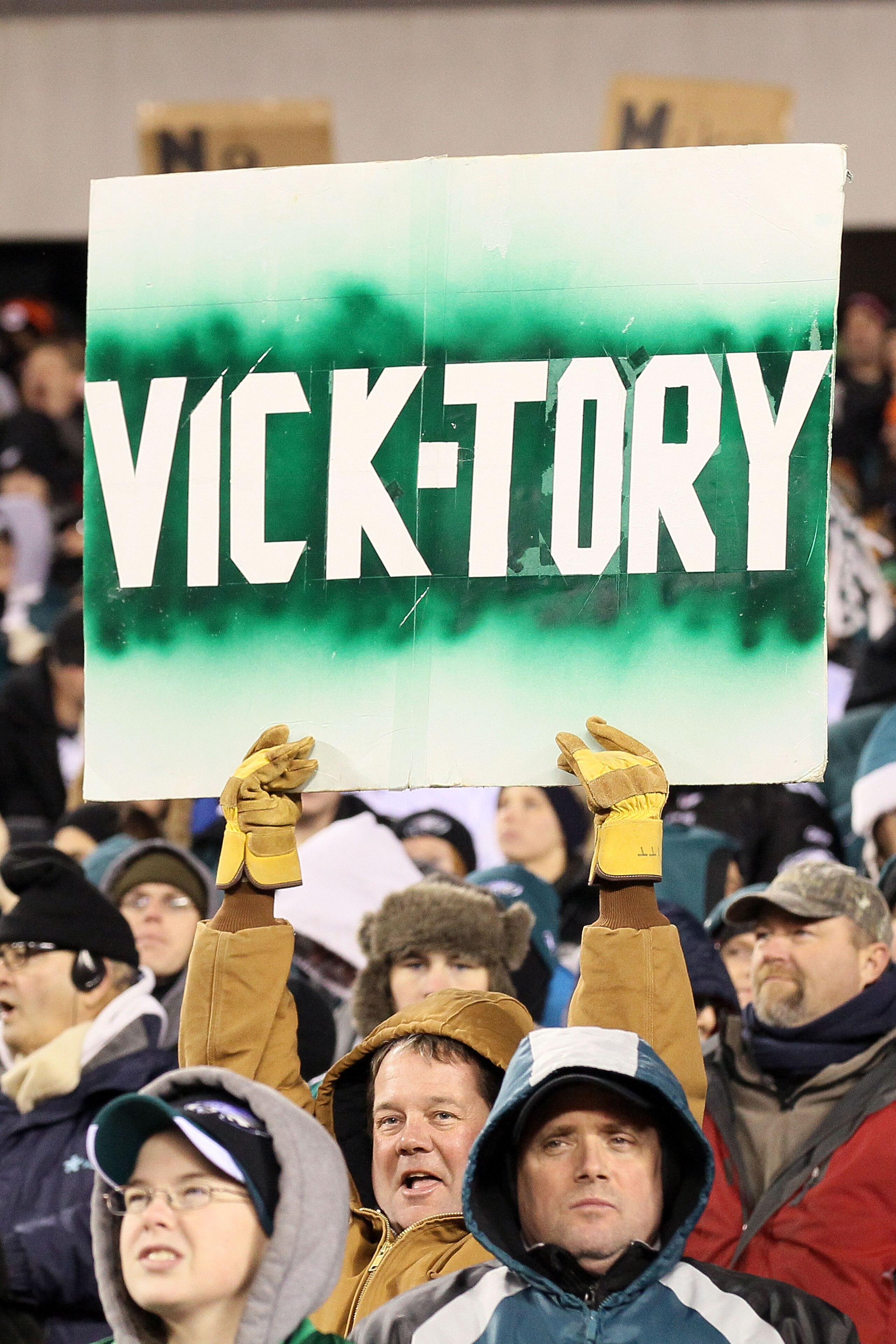 PHILADELPHIA, PA - DECEMBER 28: A Philadelphia Eagles fan holds a ' VICK-TORY' sign in the crowd during their game against the Minnesota Vikings at Lincoln Financial Field on December 28, 2010 in Philadelphia, Pennsylvania. (Photo by Jim McIsaac/Getty I PHILADELPHIA, PA - DECEMBER 28: A Philadelphia Eagles fan holds a ' VICK-TORY' sign in the crowd during their game against the Minnesota Vikings at Lincoln Financial Field on December 28, 2010 in Philadelphia, Pennsylvania. (Photo by Jim McIsaac/Getty I