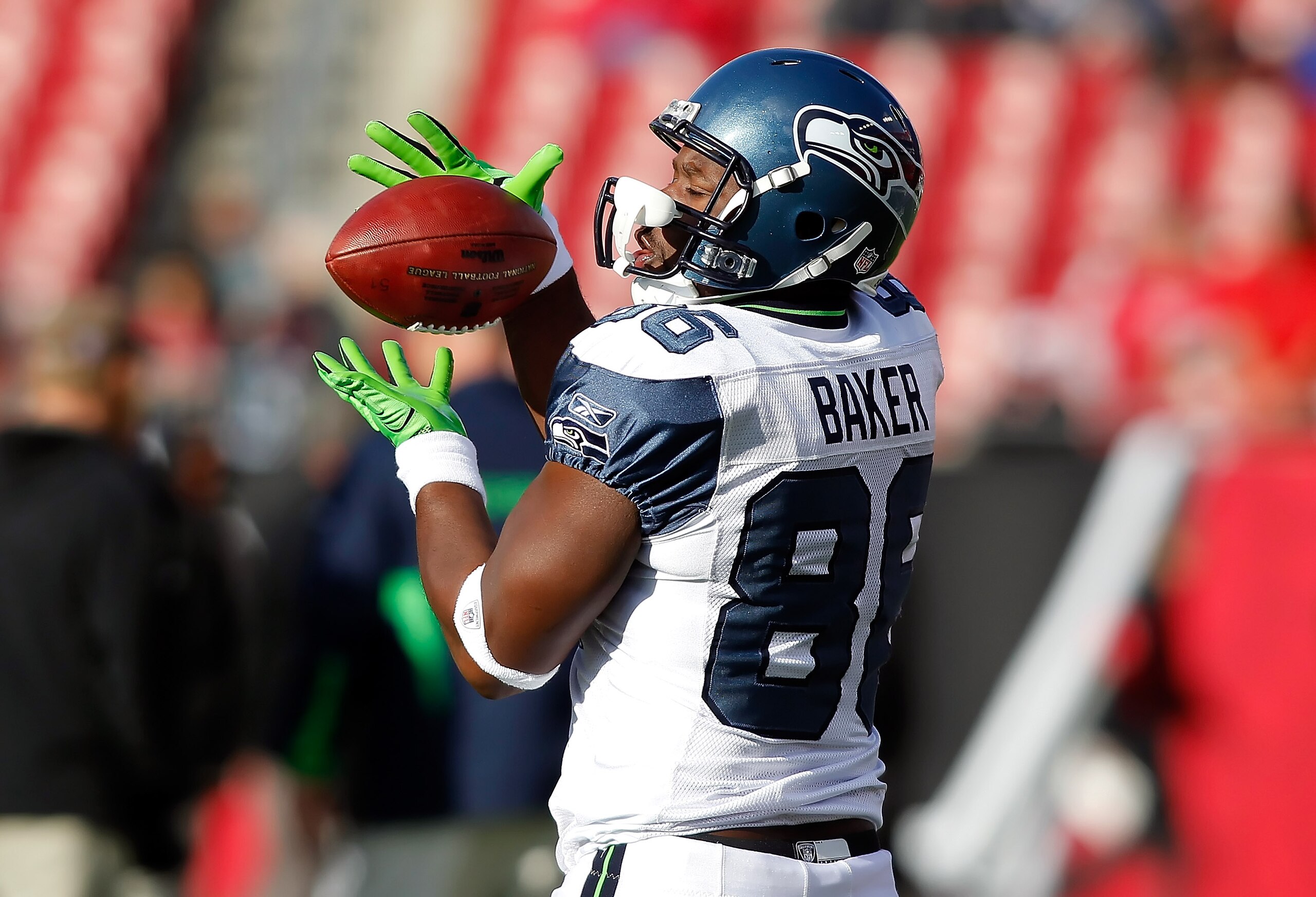 TAMPA, FL - DECEMBER 26: Tight end Chris Baker #86 of the Seattle Seahawks catches a pass while warming up just before the start of the game against the Tampa Bay Buccaneers at Raymond James Stadium on December 26, 2010 in Tampa, Florida. (Photo by J. M TAMPA, FL - DECEMBER 26: Tight end Chris Baker #86 of the Seattle Seahawks catches a pass while warming up just before the start of the game against the Tampa Bay Buccaneers at Raymond James Stadium on December 26, 2010 in Tampa, Florida. (Photo by J. M