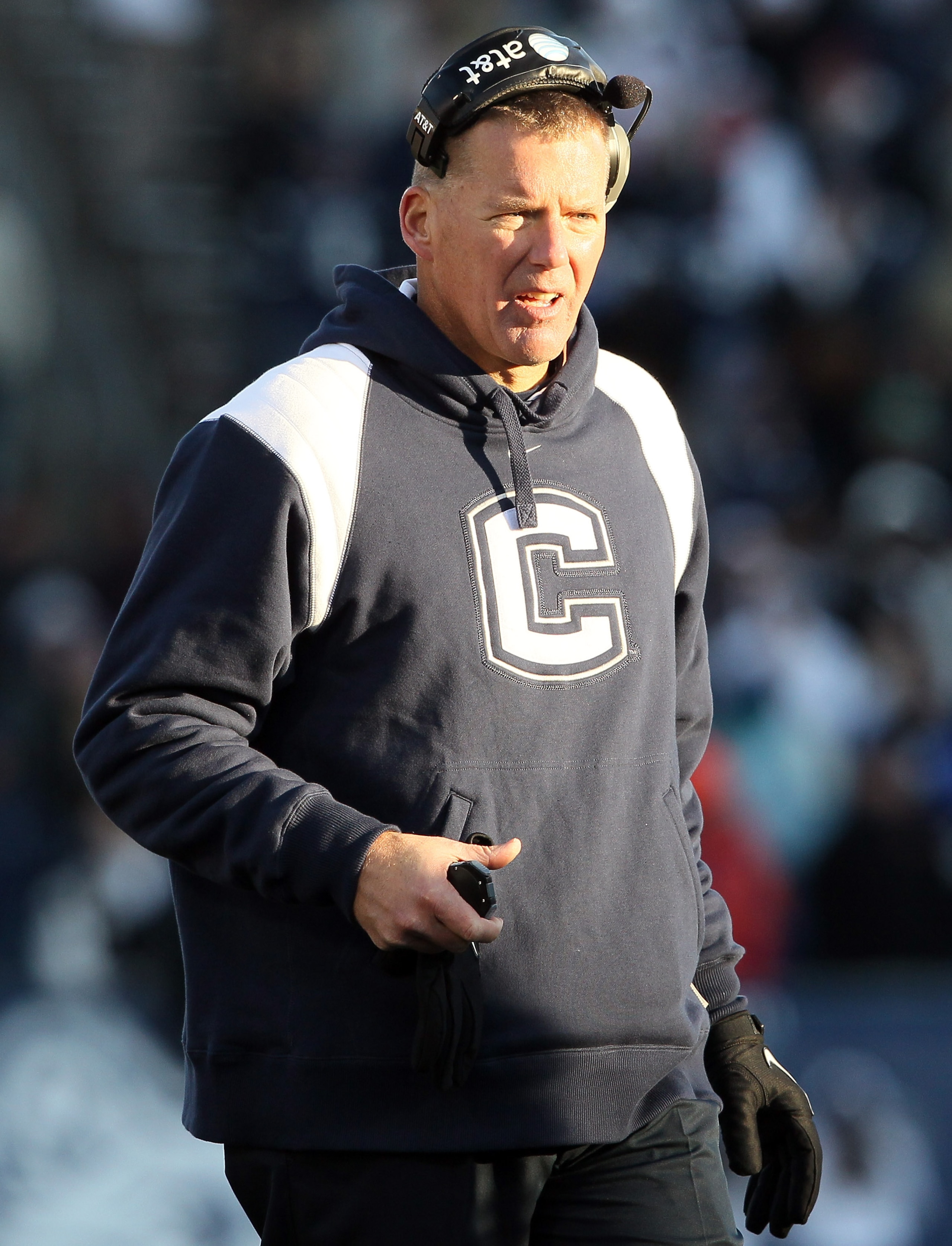 EAST HARTFORD, CT - NOVEMBER 27:  Head coach Randy Edsall of the Connecticut Huskies directs his players in the fourth quarter against the Cincinnati Bearcats on November 27, 2010 at Rentschler Field in East Hartford, Connecticut. The Huskies defeated the