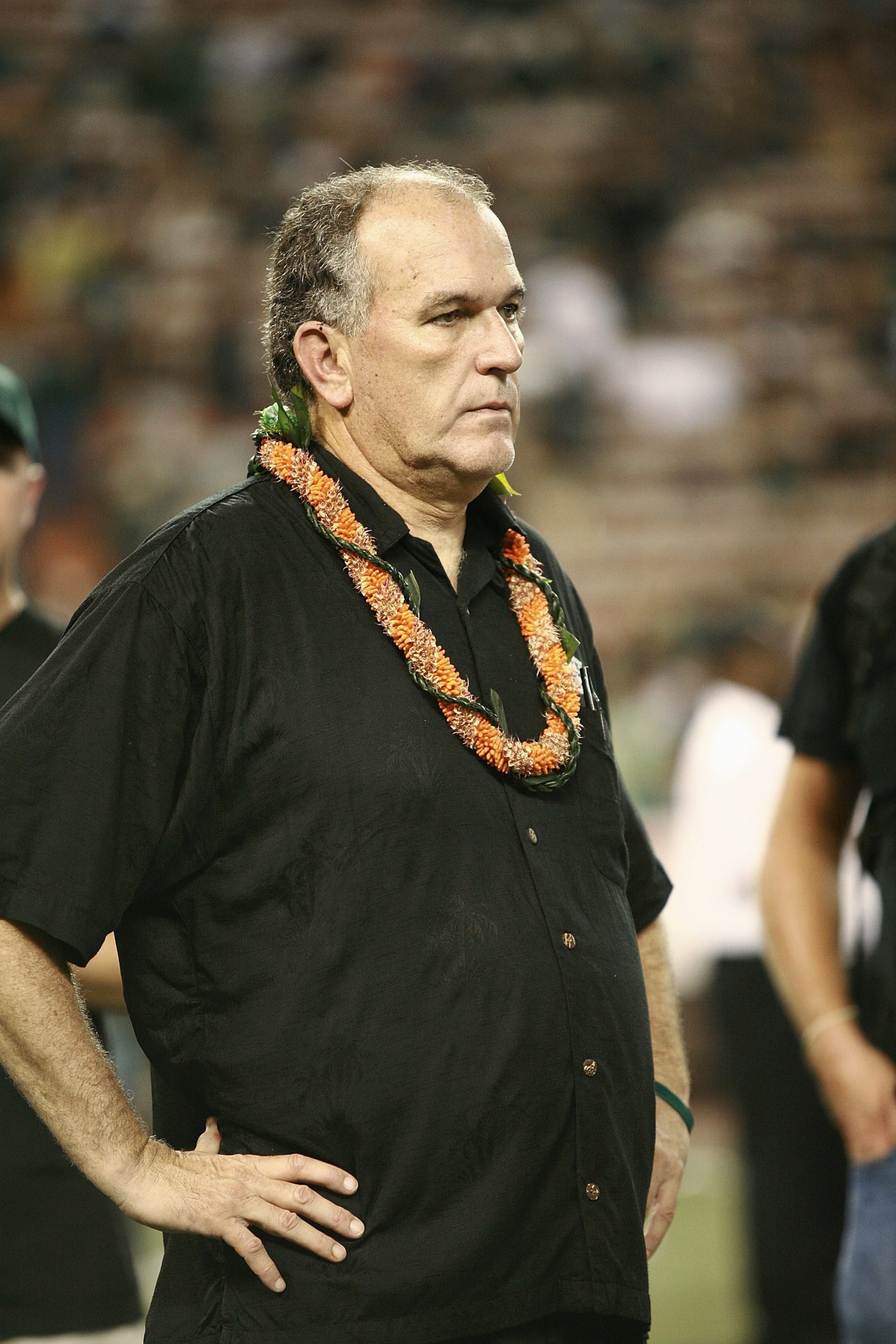 HONOLULU - DECEMBER 2:  Head coach June Jones of the Hawaii Warriors looks on after the victory against the Washington Huskies on December 1, 2007 at Aloha Stadium in Honolulu, Hawaii.  Hawaii won 35-28 and finished the season undefeated at 12-0.  (Photo