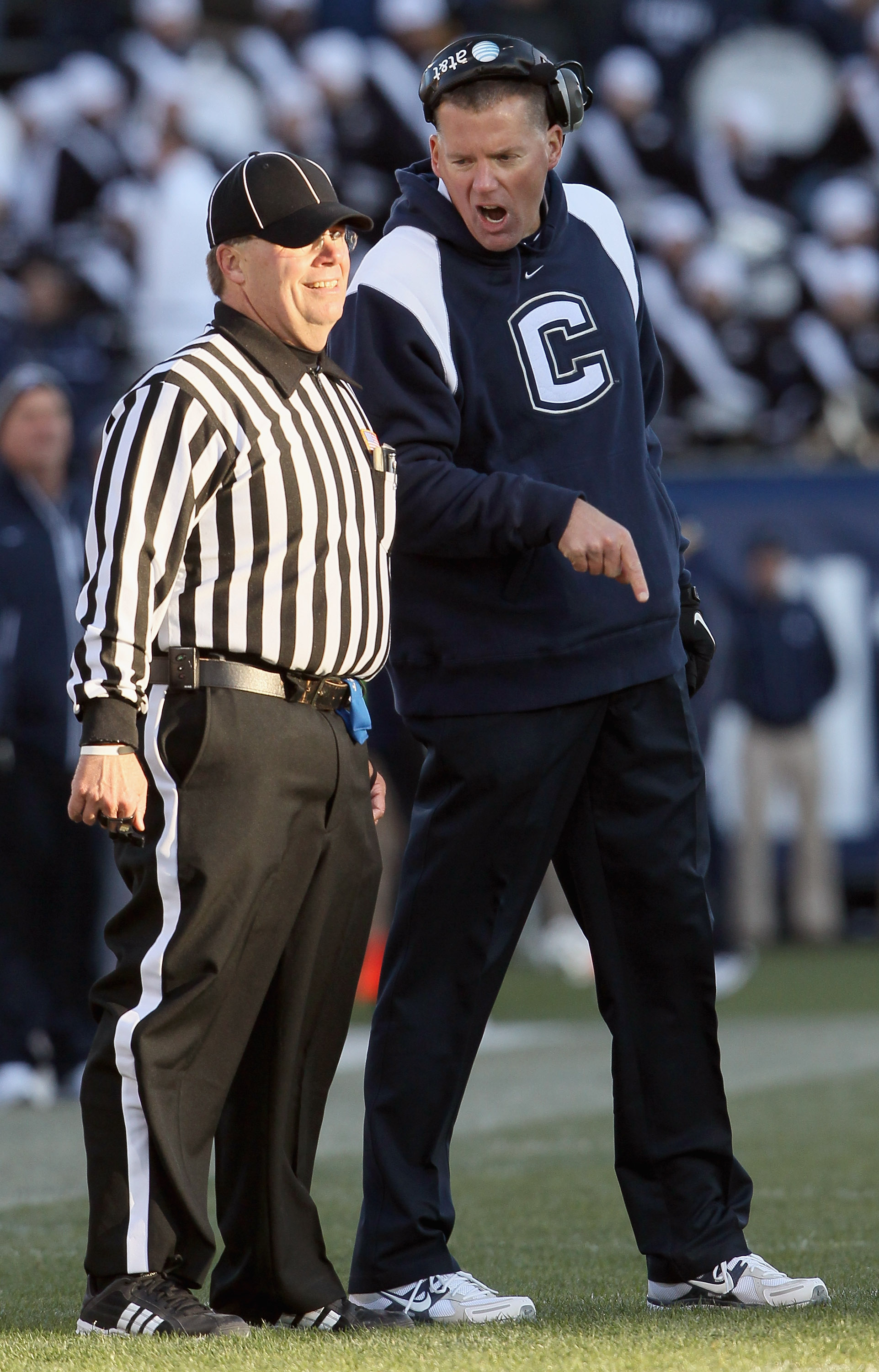 EAST HARTFORD, CT - NOVEMBER 27: Head coach Randy Edsall of the Connecticut Huskies argues a call against his team in the fourth quarter against the Cincinnati Bearcats on November 27, 2010 at Rentschler Field in East Hartford, Connecticut. The Huskies d