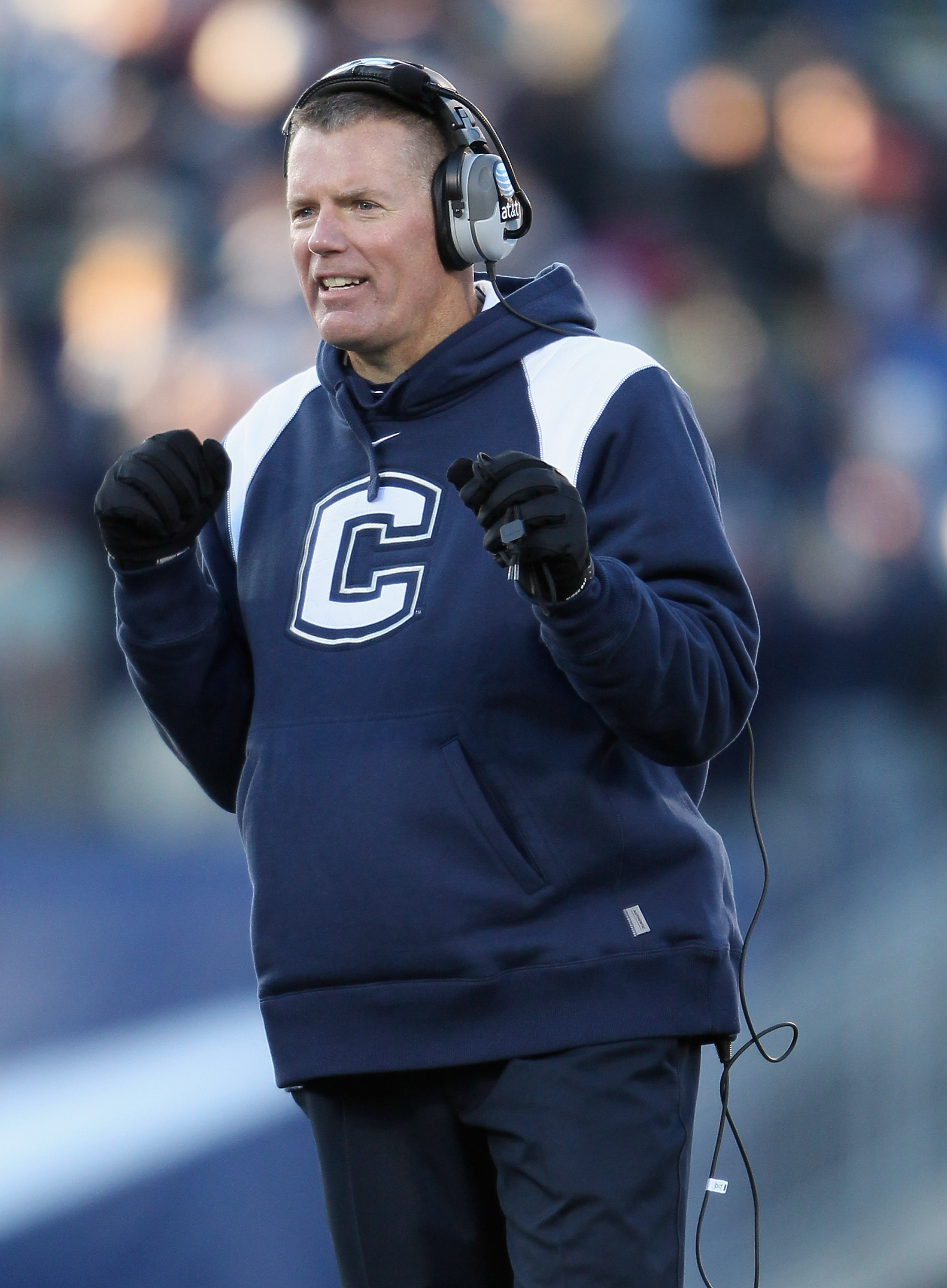EAST HARTFORD, CT - NOVEMBER 27: Head coach Randy Edsall of the Connecticut Huskies directs his players in the fourth quarter against the Cincinnati Bearcats on November 27, 2010 at Rentschler Field in East Hartford, Connecticut. The Huskies defeated the