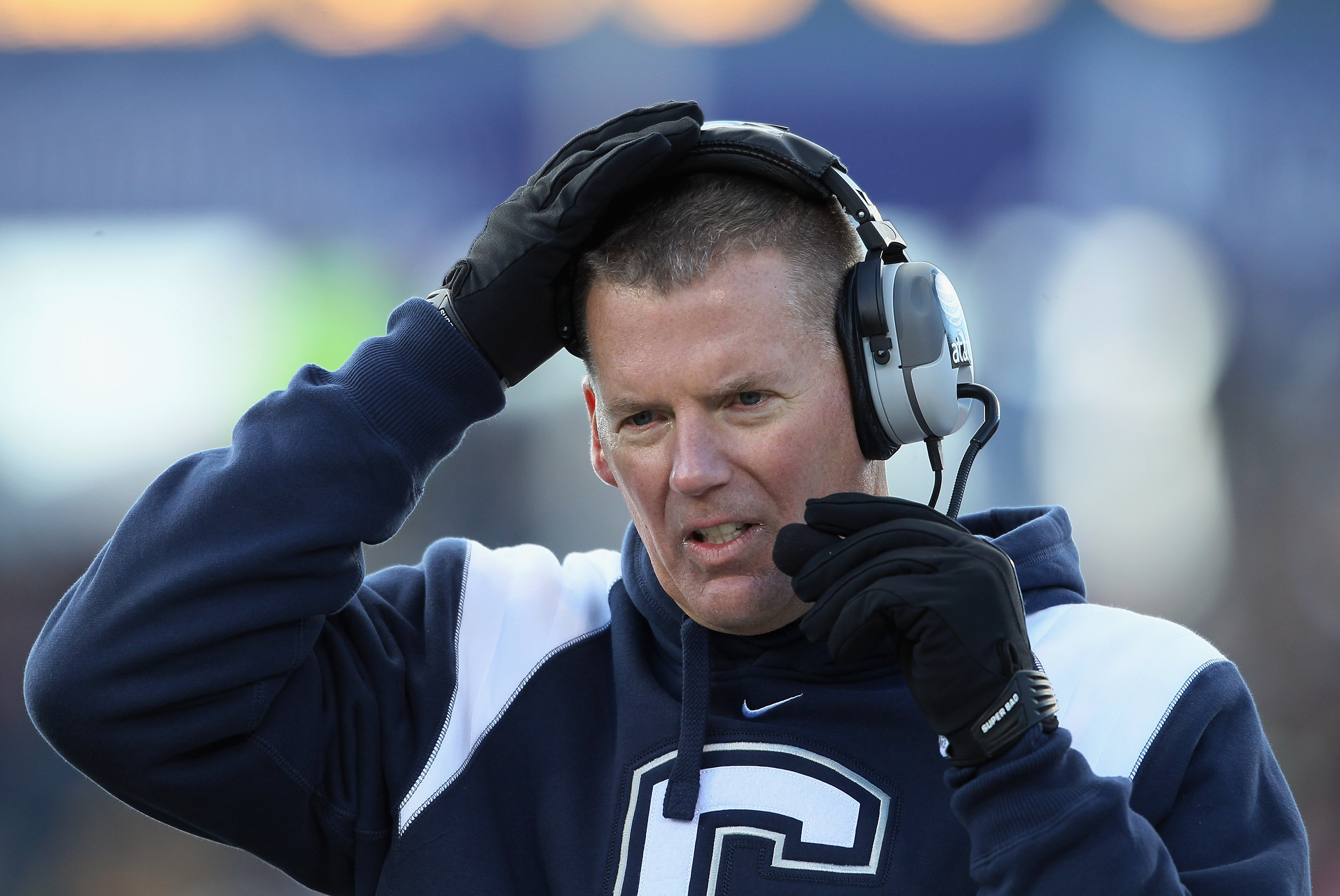 EAST HARTFORD, CT - NOVEMBER 27: Head coach Randy Edsall of the Connecticut Huskies directs his players in the fourth quarter against the Cincinnati Bearcats on November 27, 2010 at Rentschler Field in East Hartford, Connecticut. The Huskies defeated the