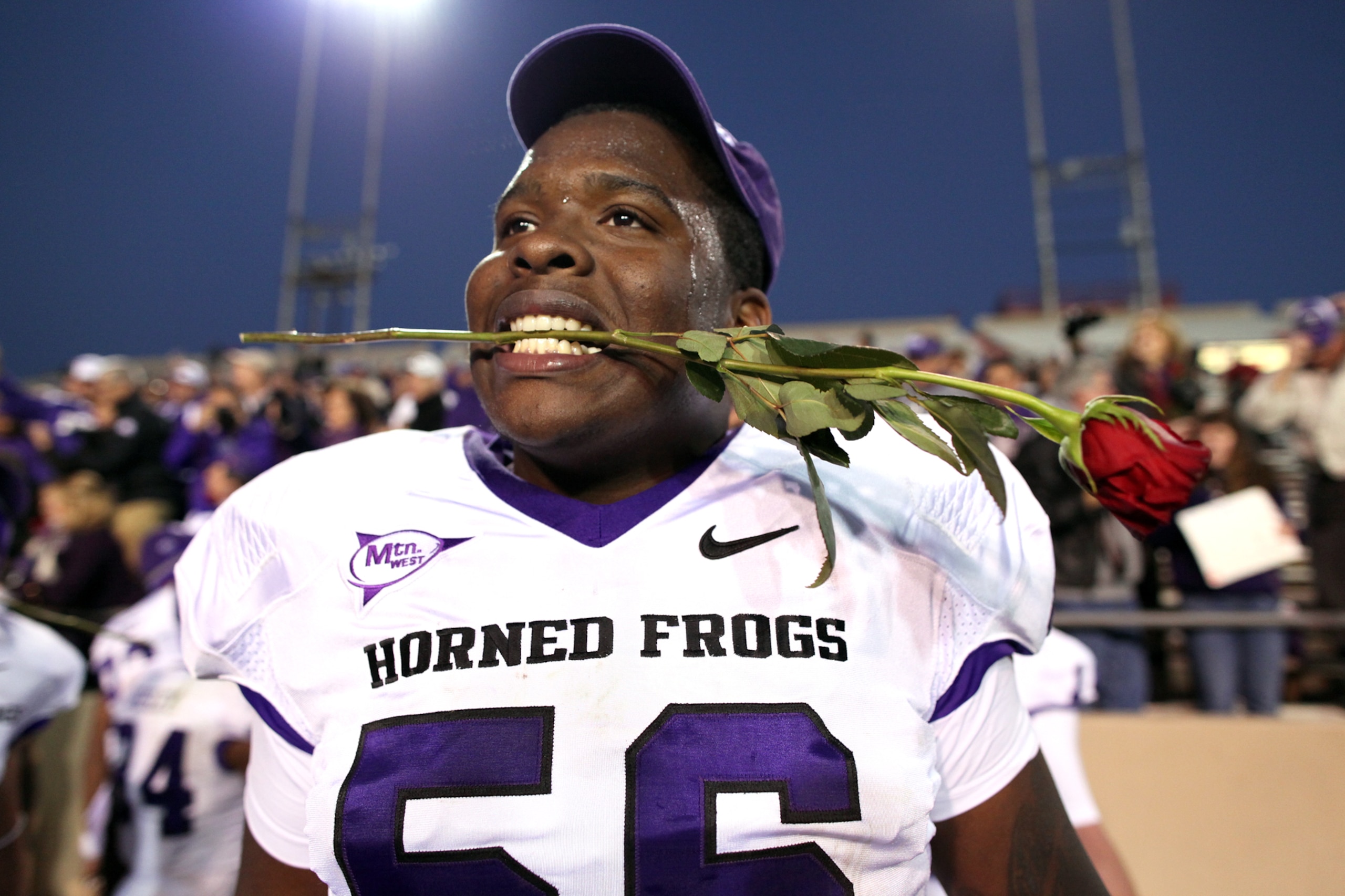 ALBUQUERQUE, NM - NOVEMBER 27: James Dunbar #56 of the TCU Horned Frogs celebrates the win over the New Mexico Lobos on November 27, 2010 at University Stadium in Albuquerque, New Mexico. TCU won 66-17. (Photo by Eric Draper/Getty Images)
