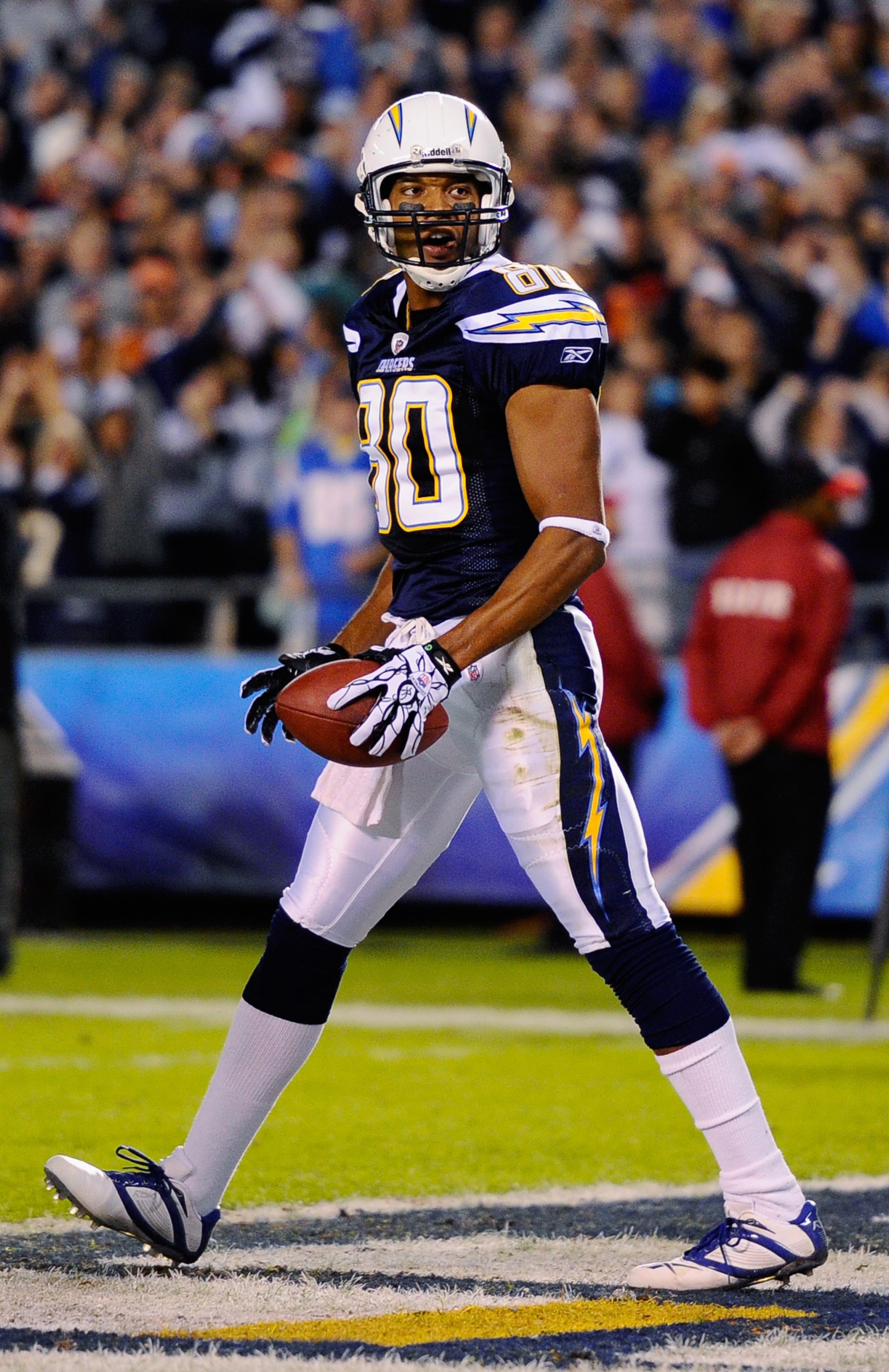 SAN DIEGO - NOVEMBER 22: Wide receiver Malcolm Floyd #80 of the San Diego Chargers after scoring a touchdown against  the Denver Broncos at Qualcomm Stadium on November 22, 2010 in San Diego, California.  Chargers defeated the Broncos, 35-14.  (Photo by K