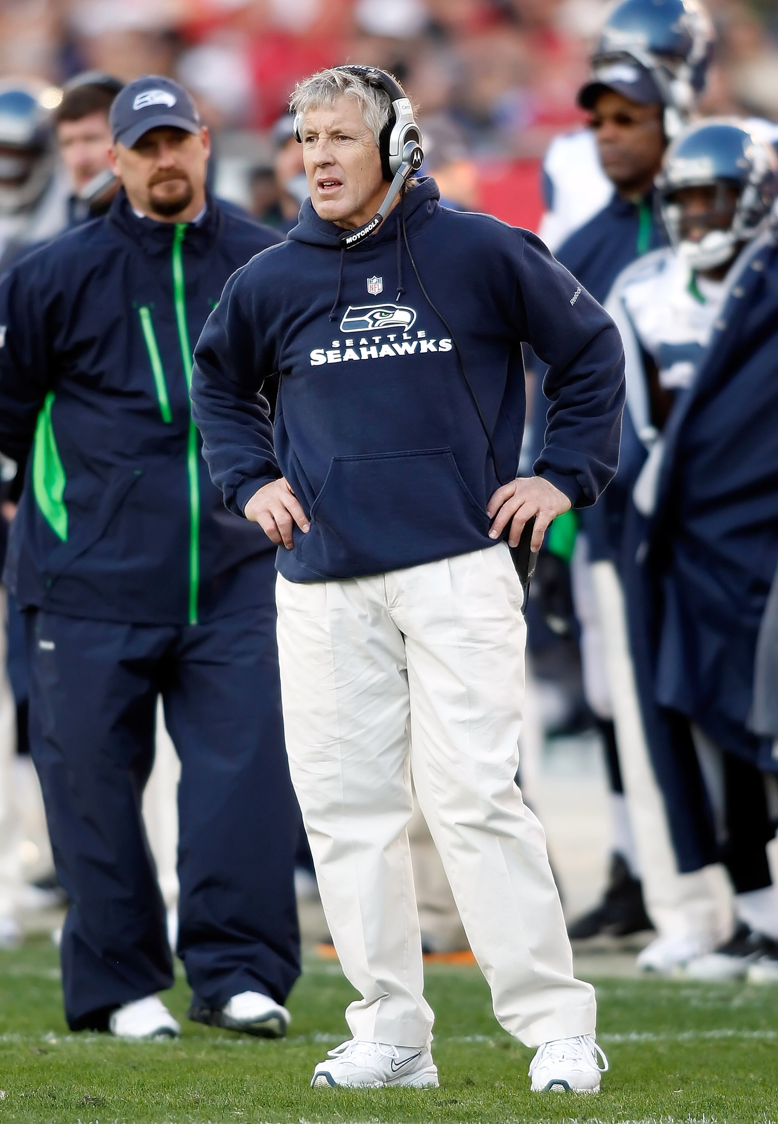 TAMPA, FL - DECEMBER 26: Head coach Pete Carroll of the Seattle Seahawks directs his team against the Tampa Bay Buccaneers during the game at Raymond James Stadium on December 26, 2010 in Tampa, Florida. (Photo by J. Meric/Getty Images)