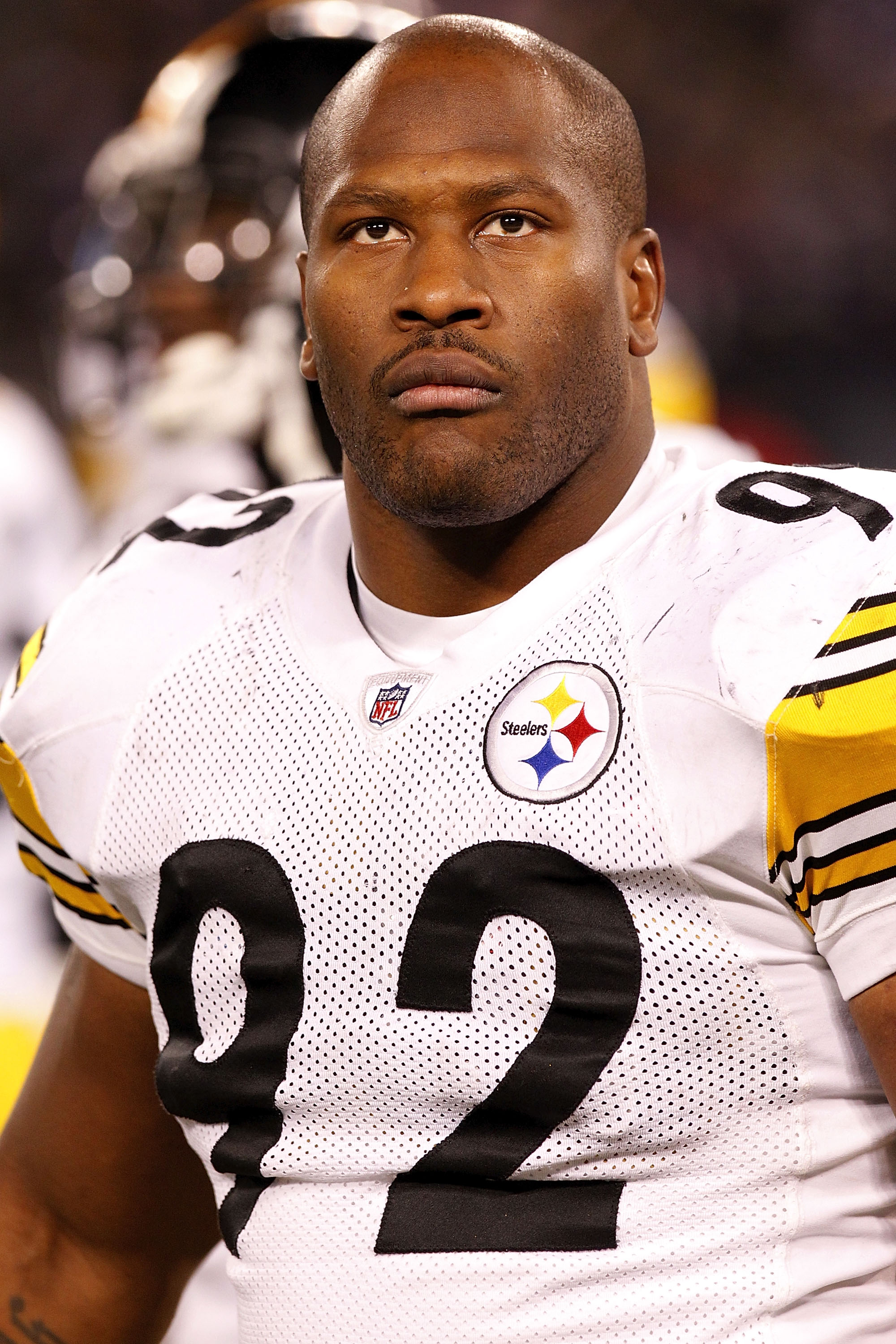 BALTIMORE, MD - DECEMBER 05:  James Harrison #92 of the Pittsburgh Steelers watches from the sidelines against the Baltimore Ravens at M&T Bank Stadium on December 5, 2010 in Baltimore, Maryland.  (Photo by Geoff Burke/Getty Images)