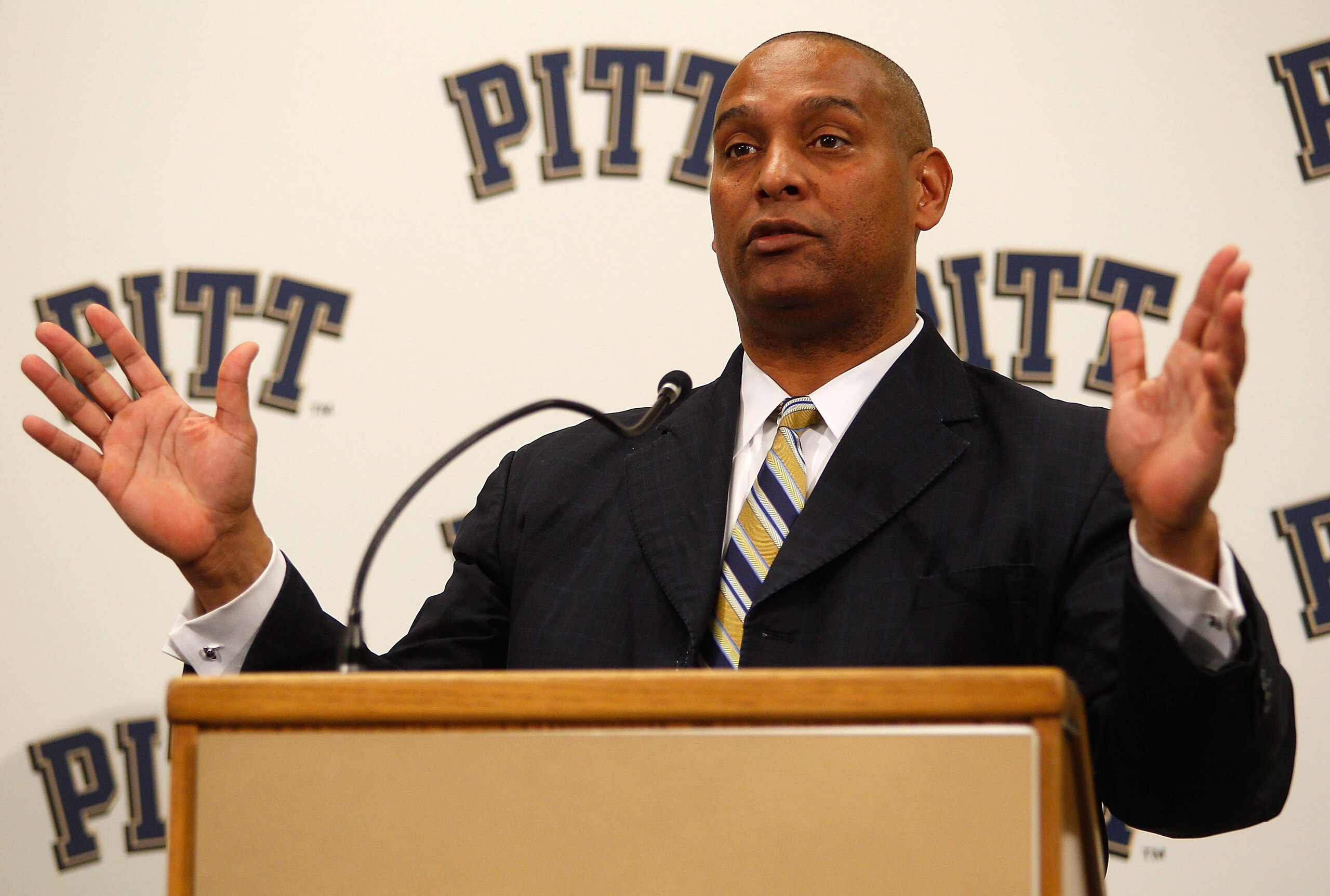 PITTSBURGH - DECEMBER 16:  The new University of Pittsburgh head football coach, Mike Haywood, speaks during a press conference on December 16, 2010 at the University of Pittsburgh Panthers South Side training facility in Pittsburgh, Pennsylvania.  (Photo